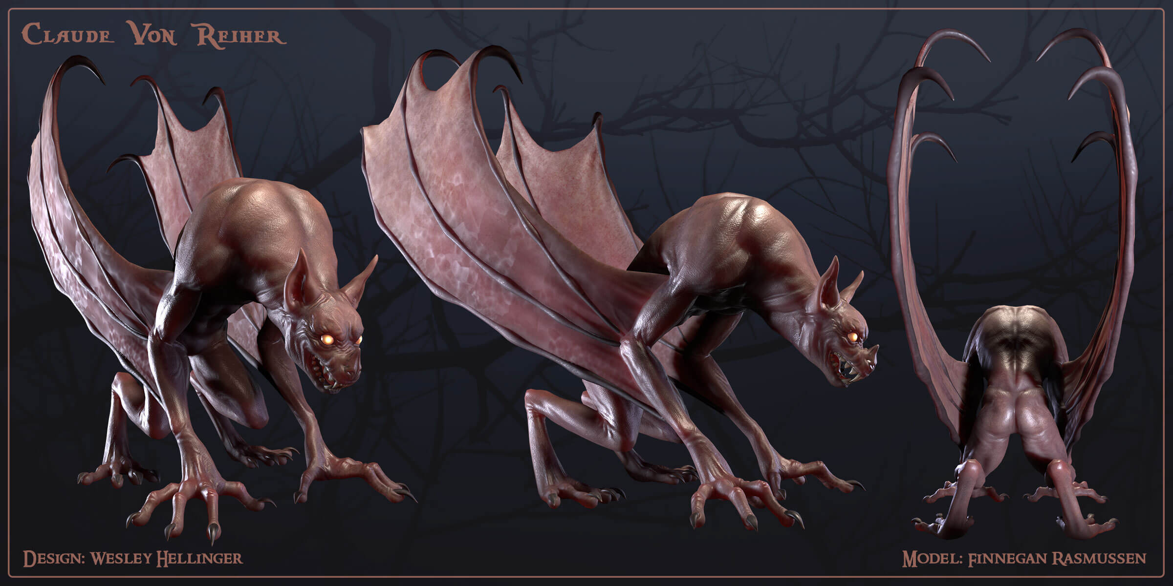 3D model of a winged gargoyle creature.