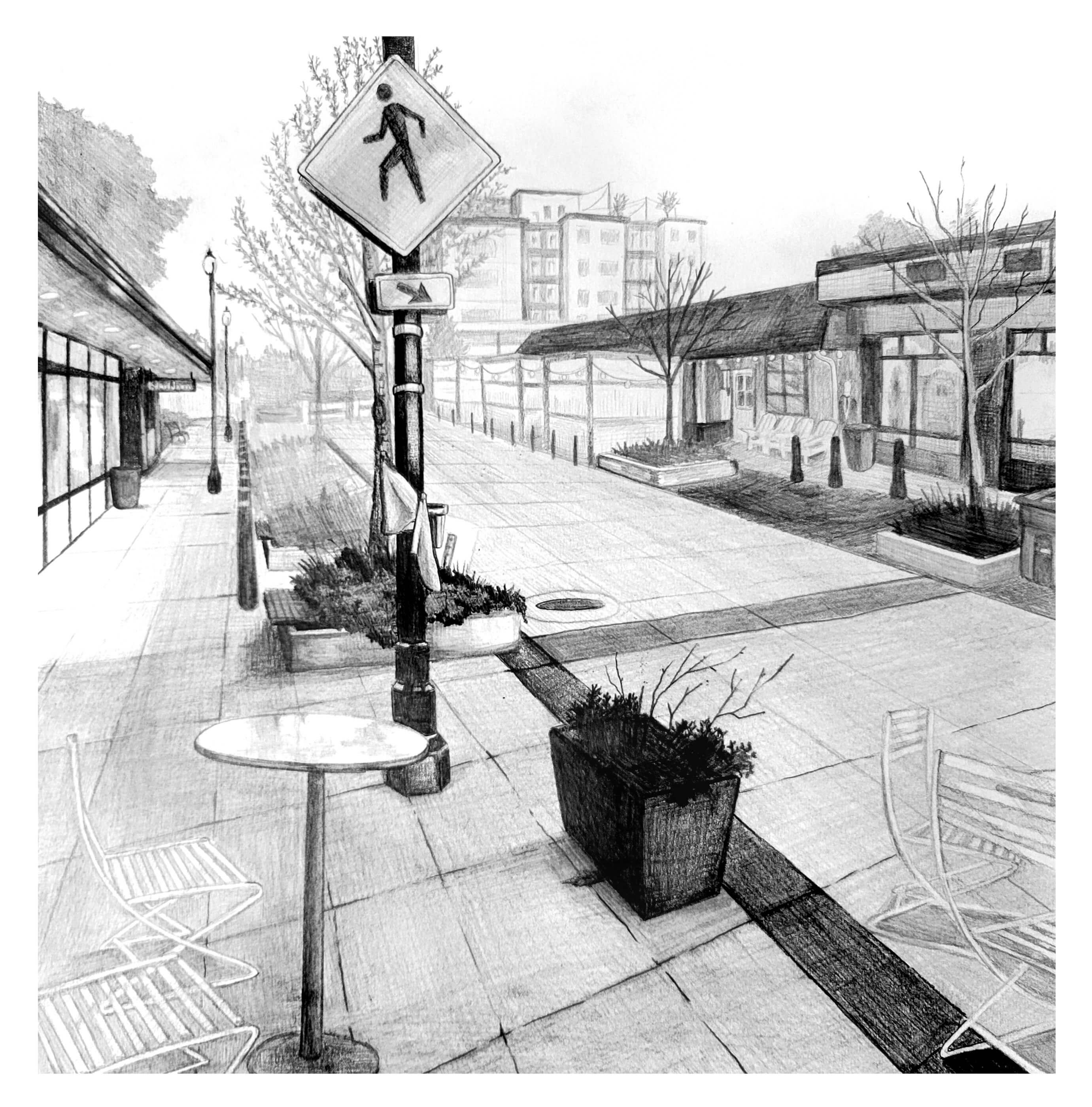 Sketch of a downtown bus stop area.