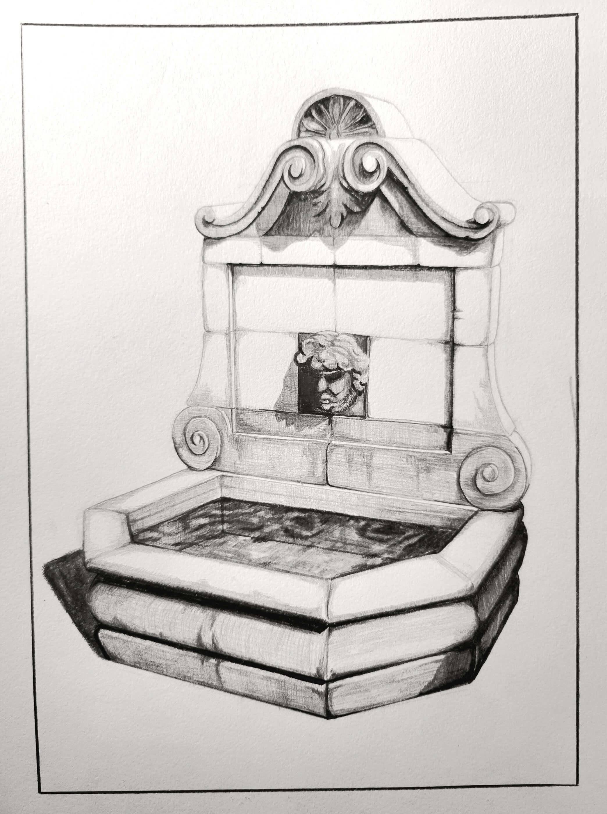 Sketch of an intricately sculpted fountain.