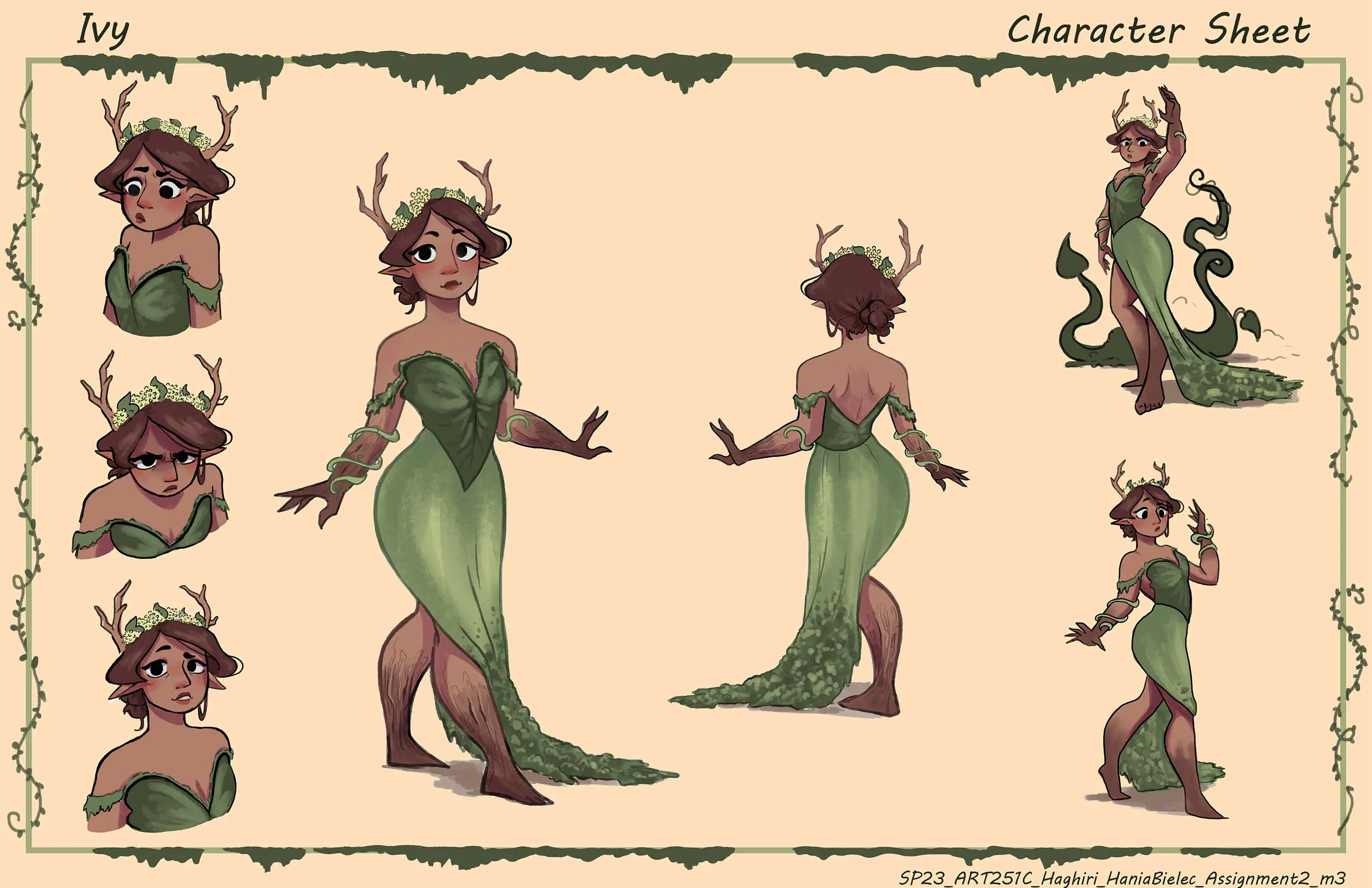 A collection of drawings of a woman with antlers in a green dress.