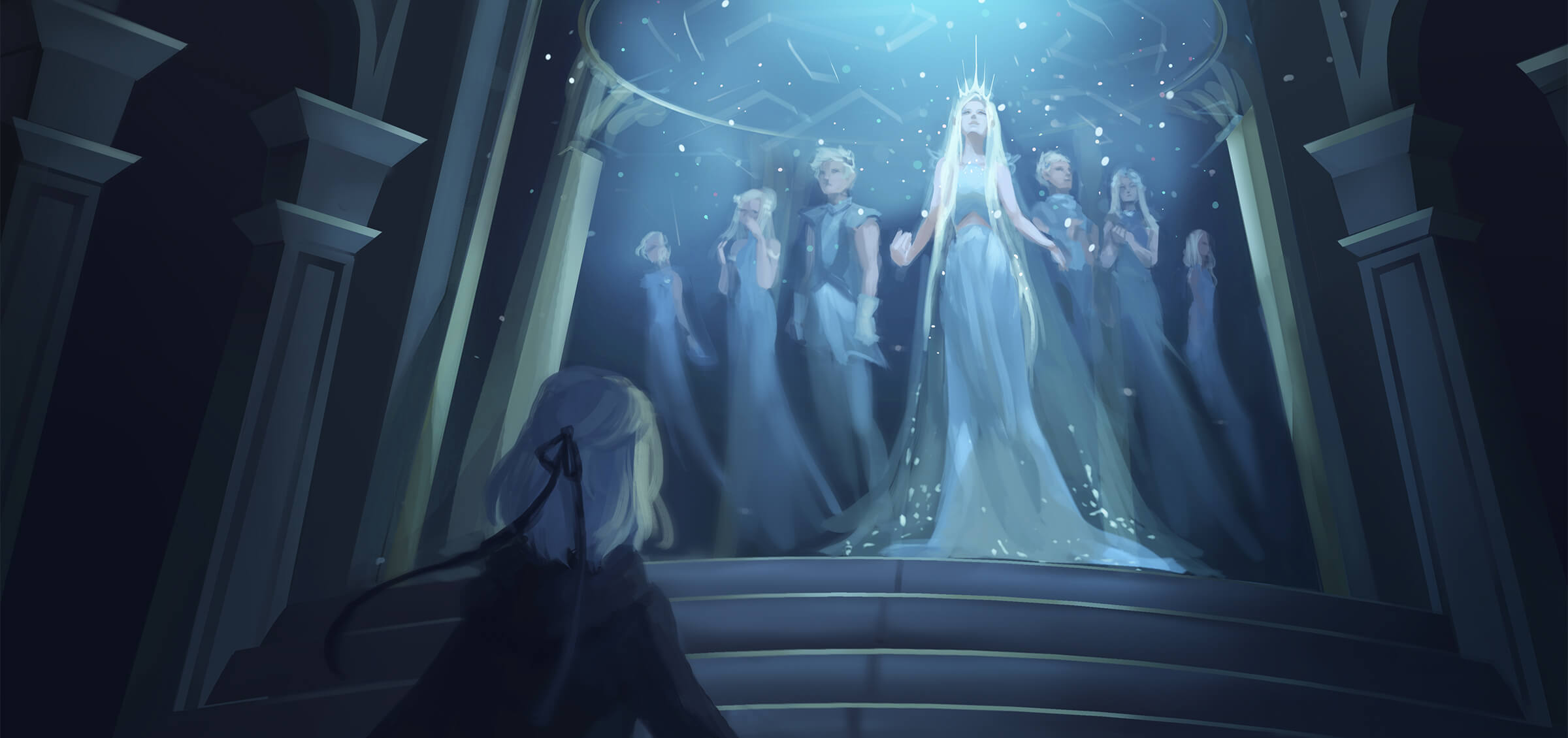 A girl looks up at a queen with long blonde hair and a sparkling gown