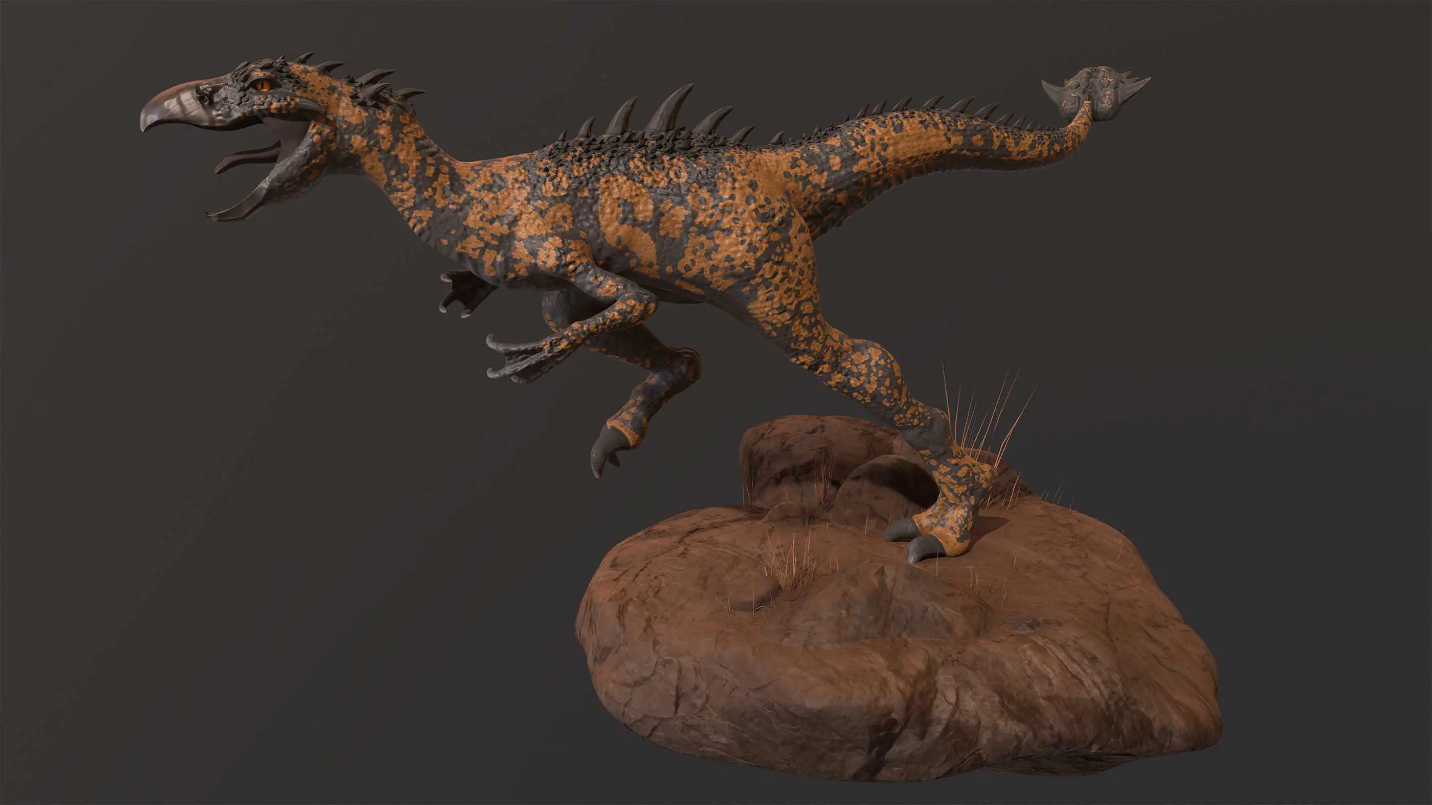 A 3D model of a dinosaur in an attacking pose.