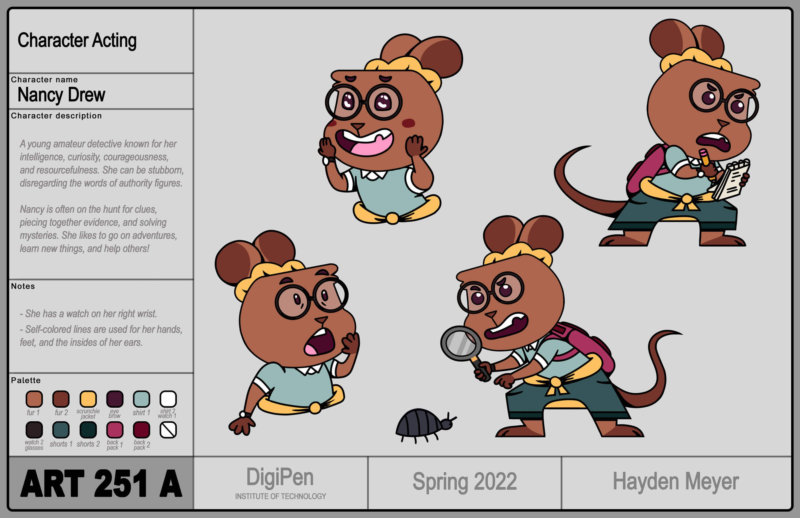 A character sheet concept of a detective mouse character.