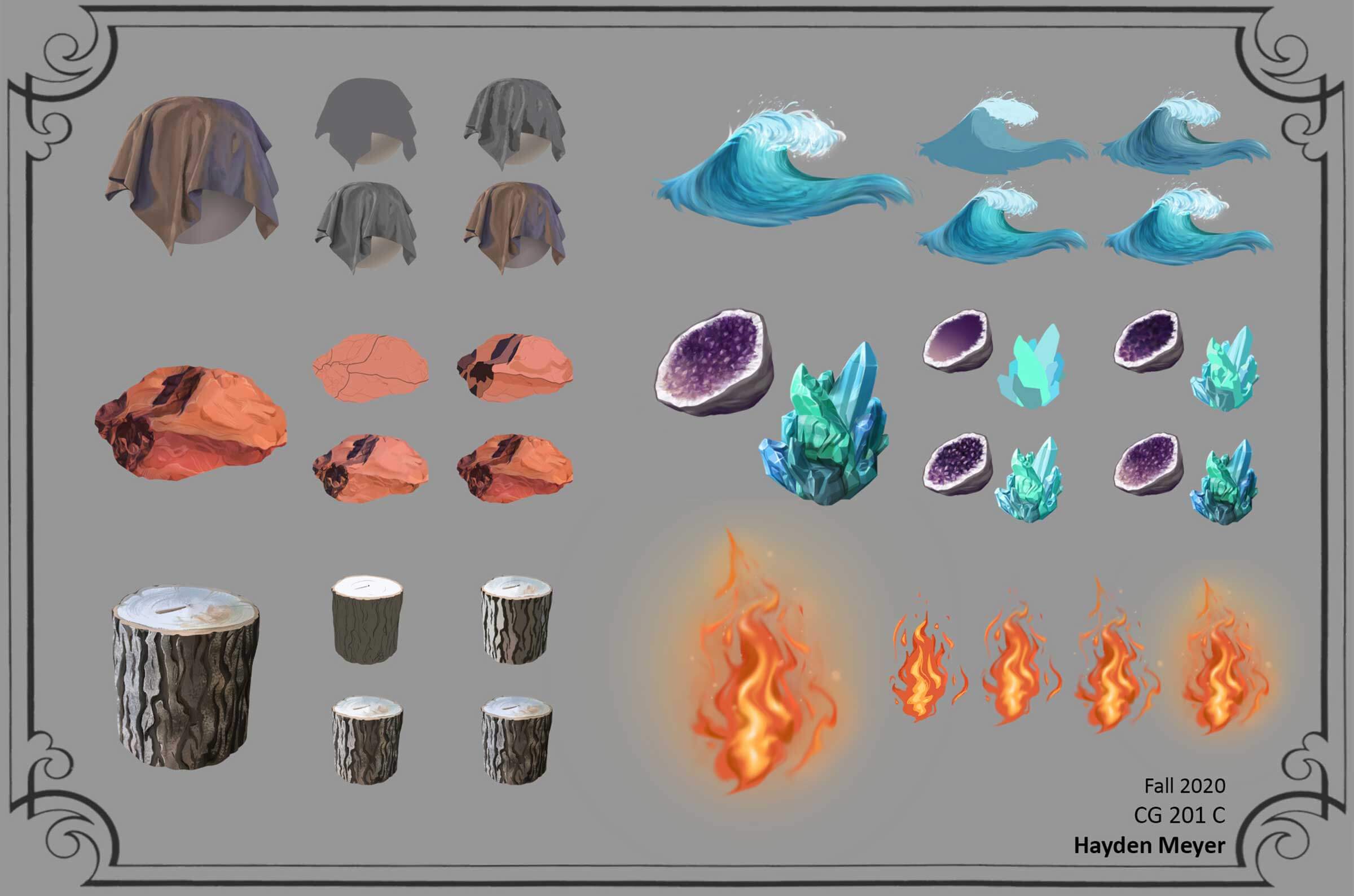 Concept artwork of various objects and elements like water and fire.