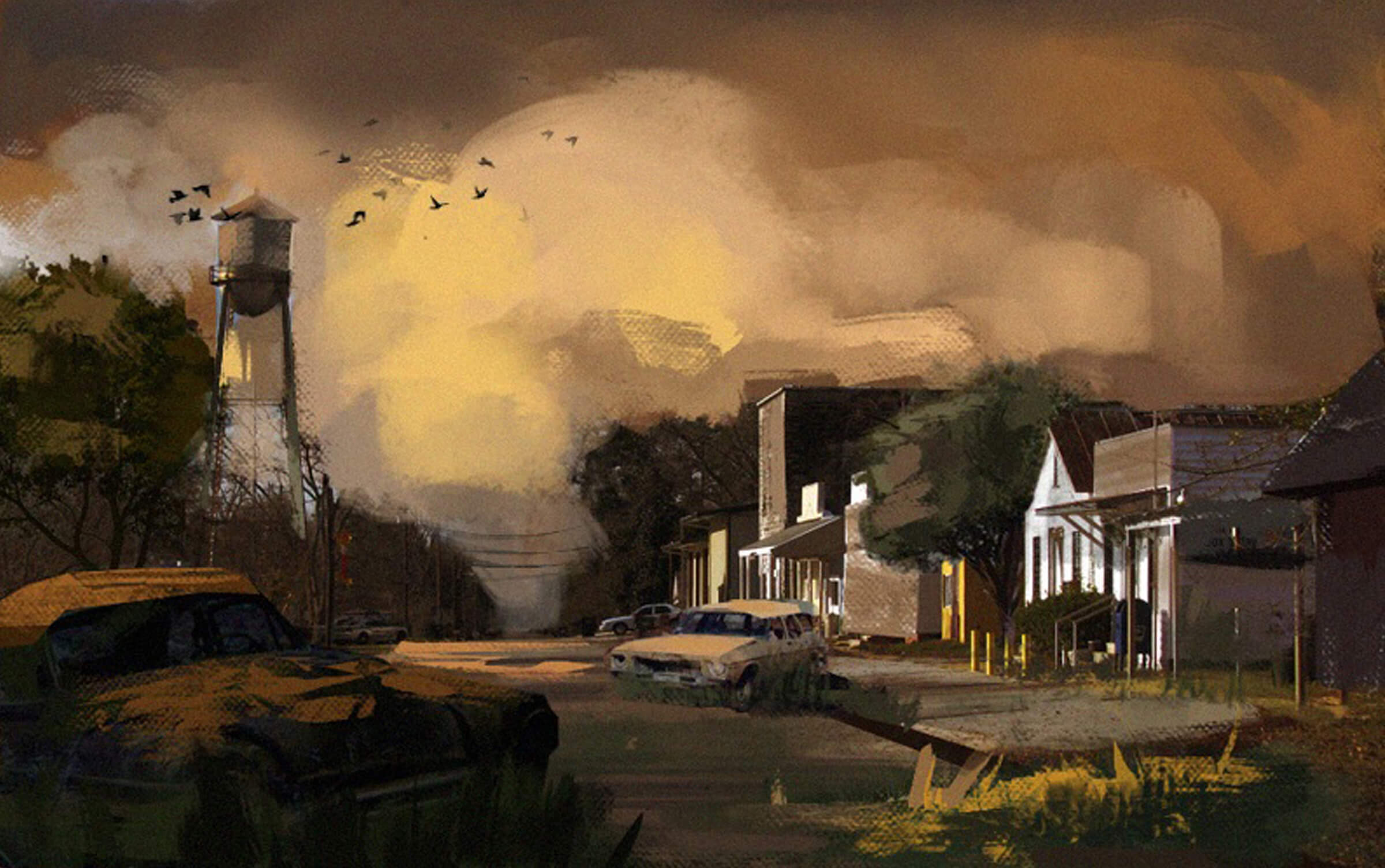 digital painting of an abandoned town with cars, stores and a water tower