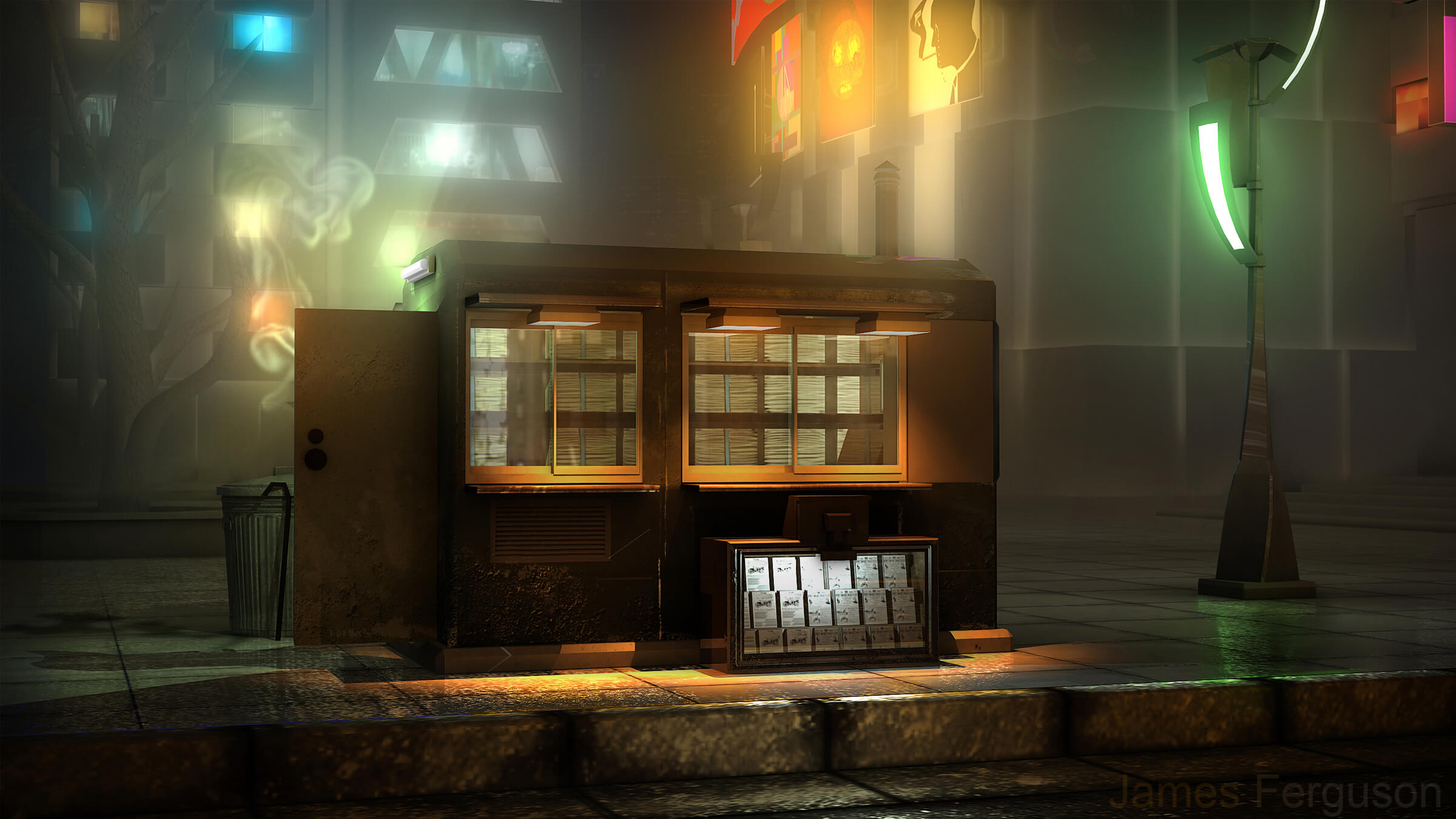 computer-generated 3D environment featuring a small ticket or newsstand-type building on a darkened city sidewalk