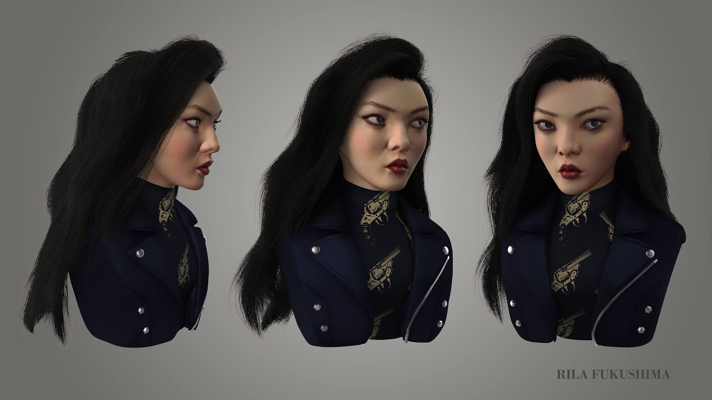 Multiple angles of a dark-haired woman wearing a turtleneck and jacket