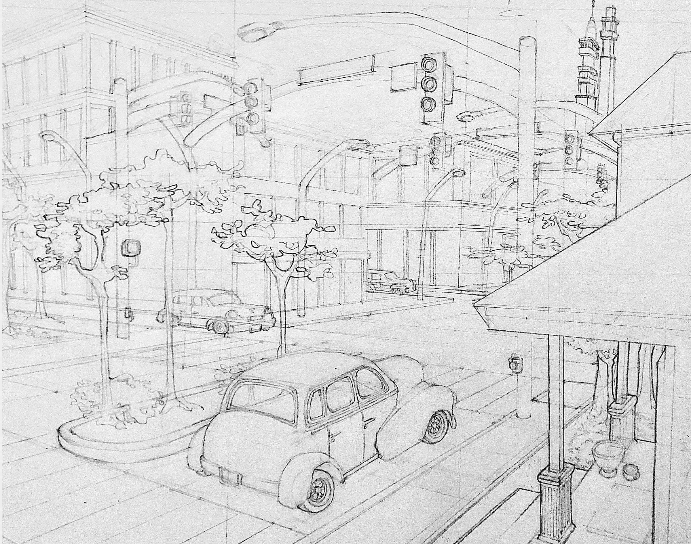 A drawing of a small town center with a few cars driving on the roads.