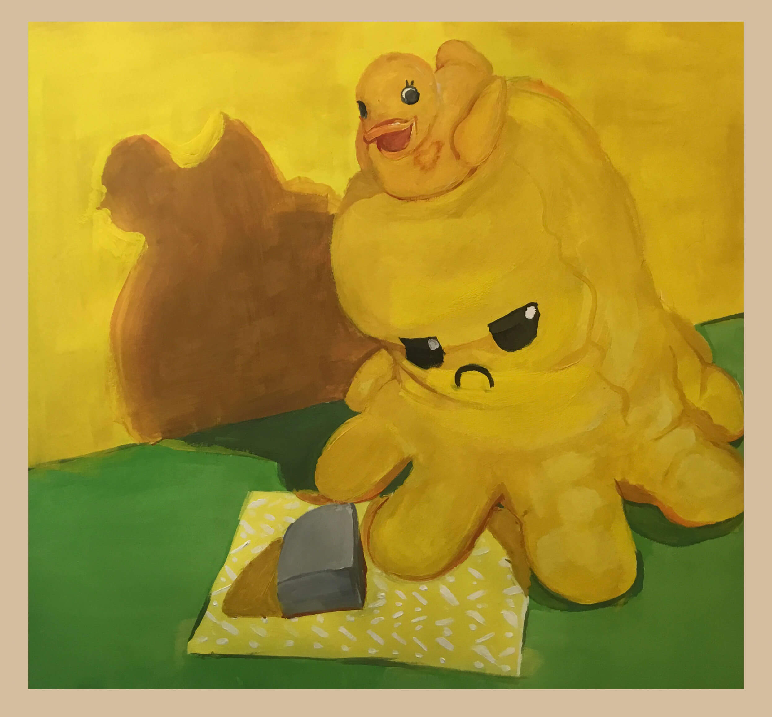 Painting of a plush yellow octopus that is frowning.