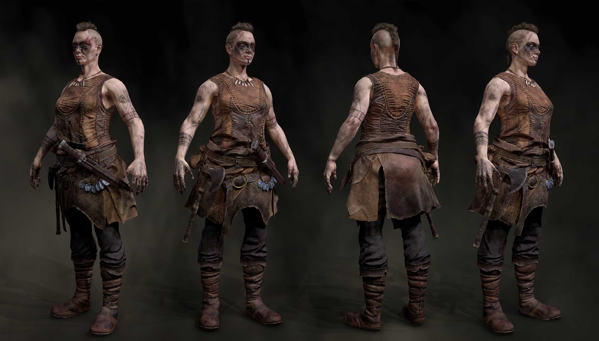 Turnaround of woman dressed as hunter.