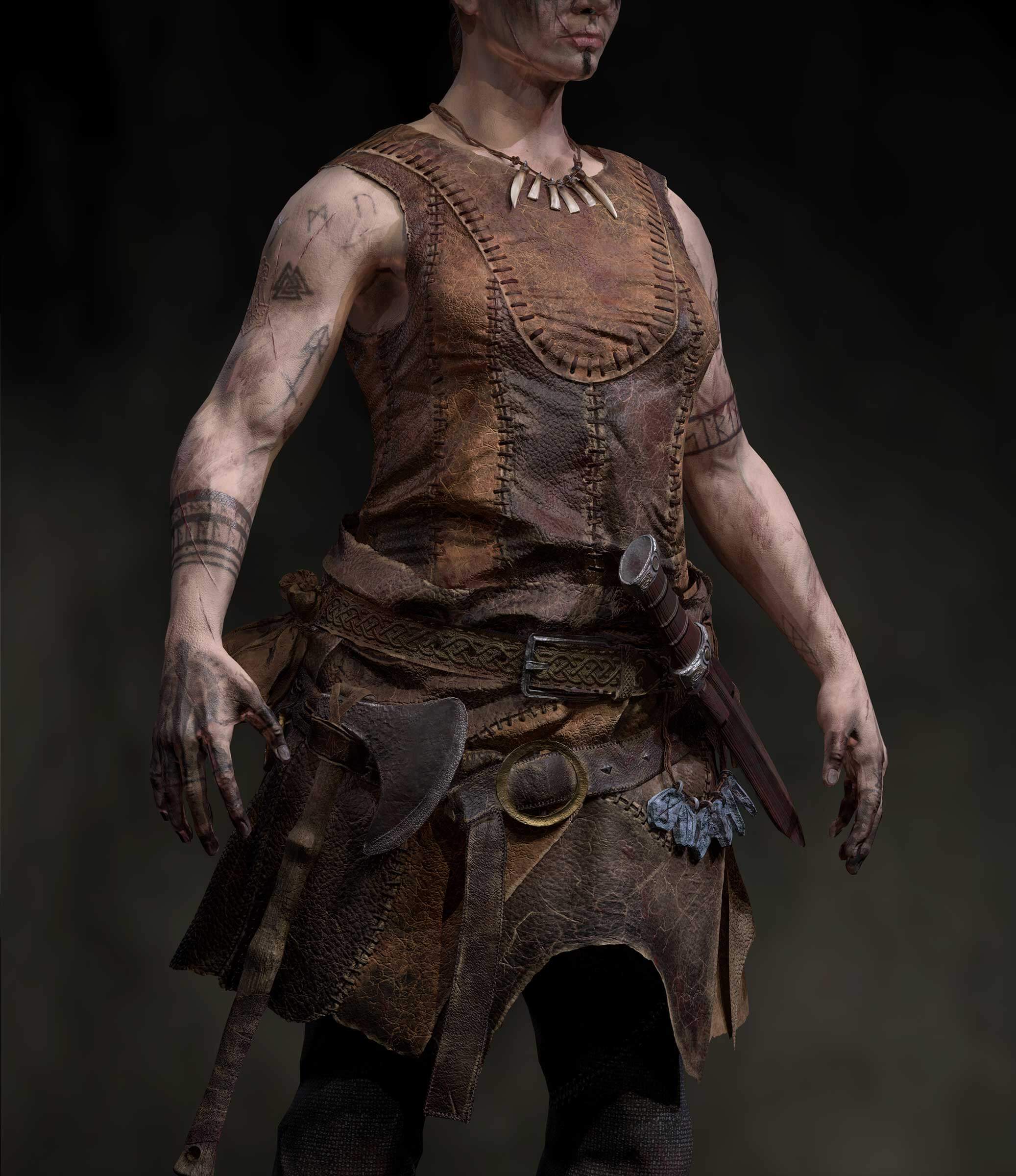 A closer look at the clothing of a woman dressed as hunter.