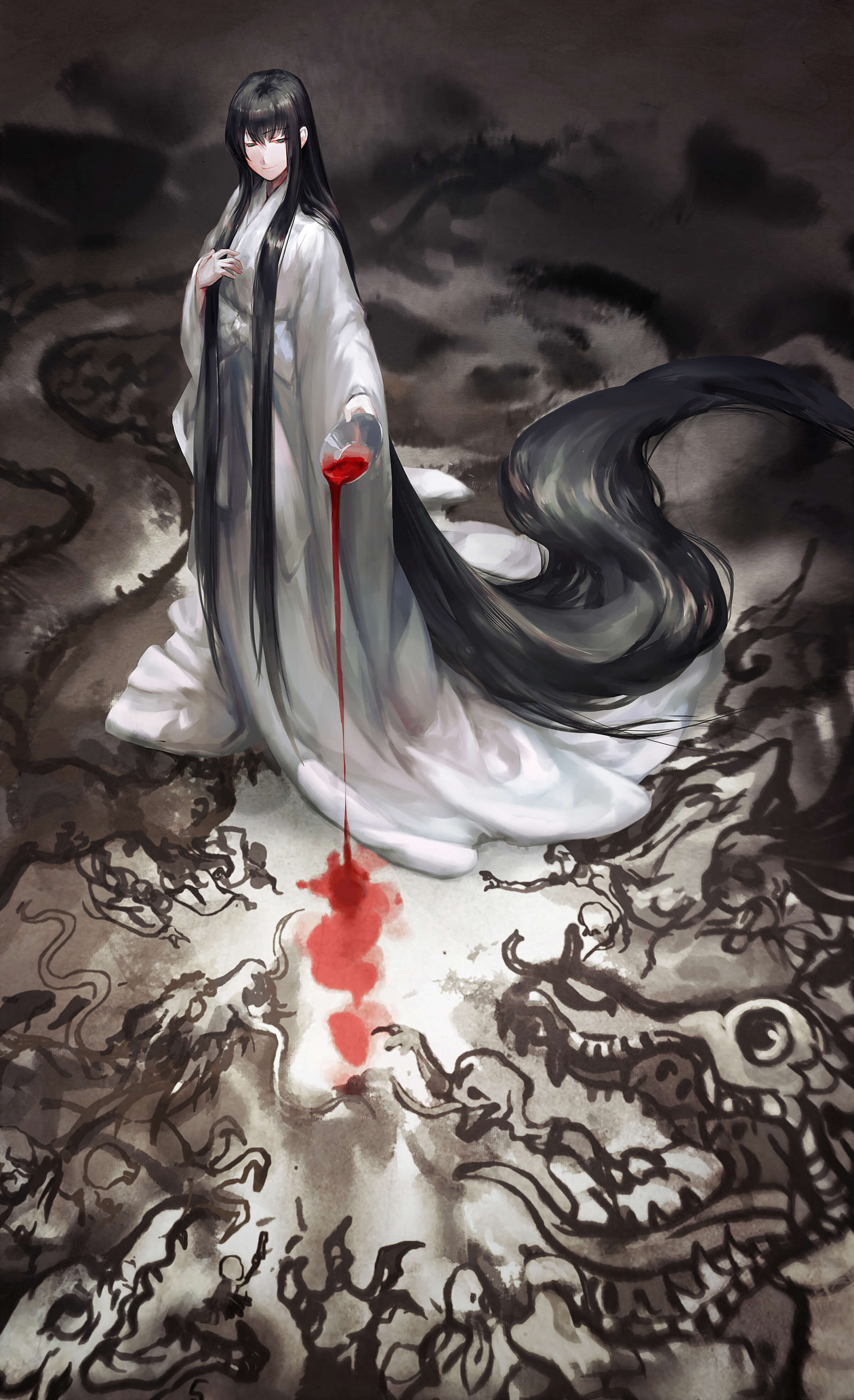 digital painting of a female in a white kimono pouring red liquid onto a surface imprinted with caricatures of dragons