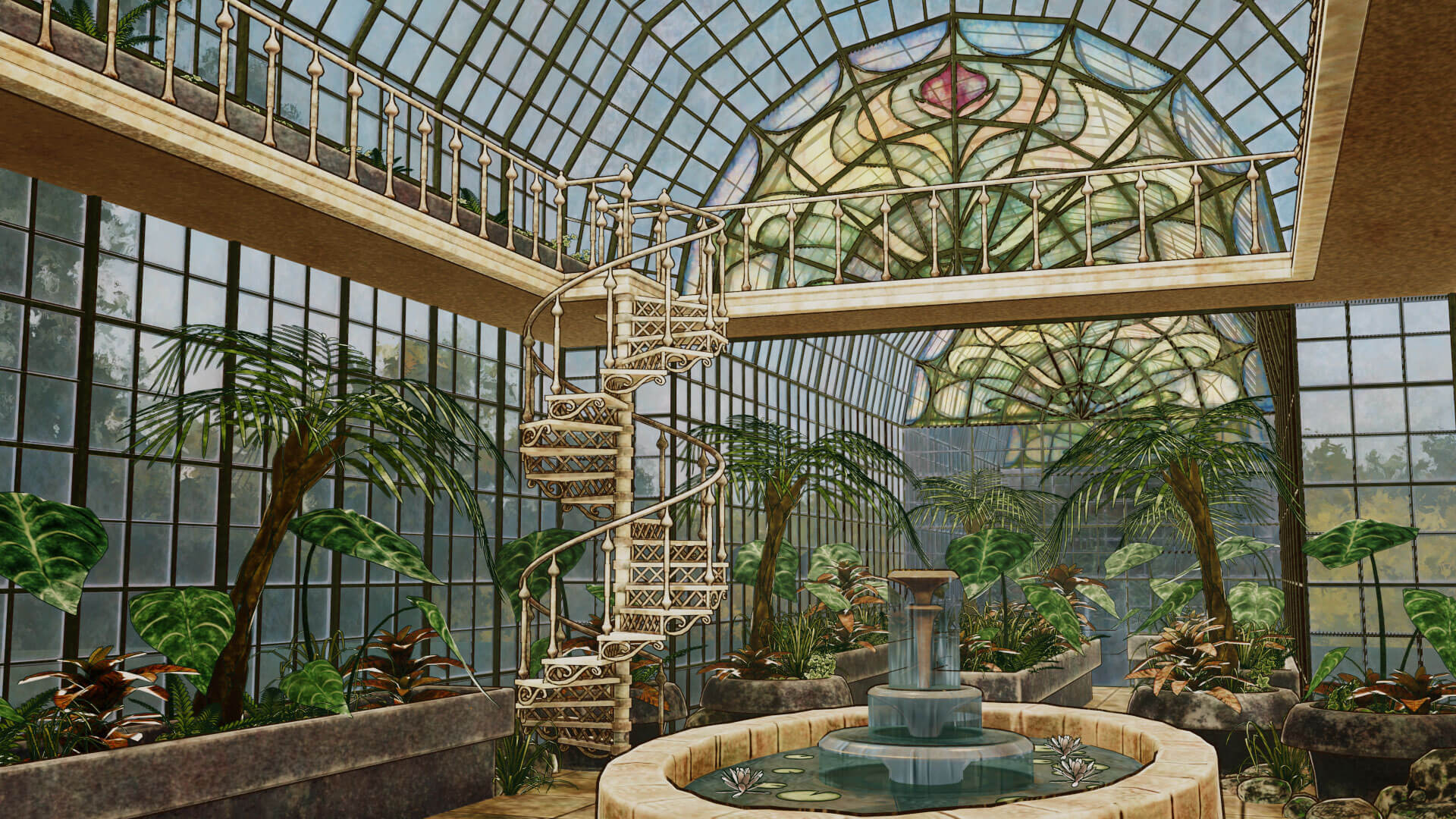 A large greenhouse with exotic plants, a fountain, and stained glass.