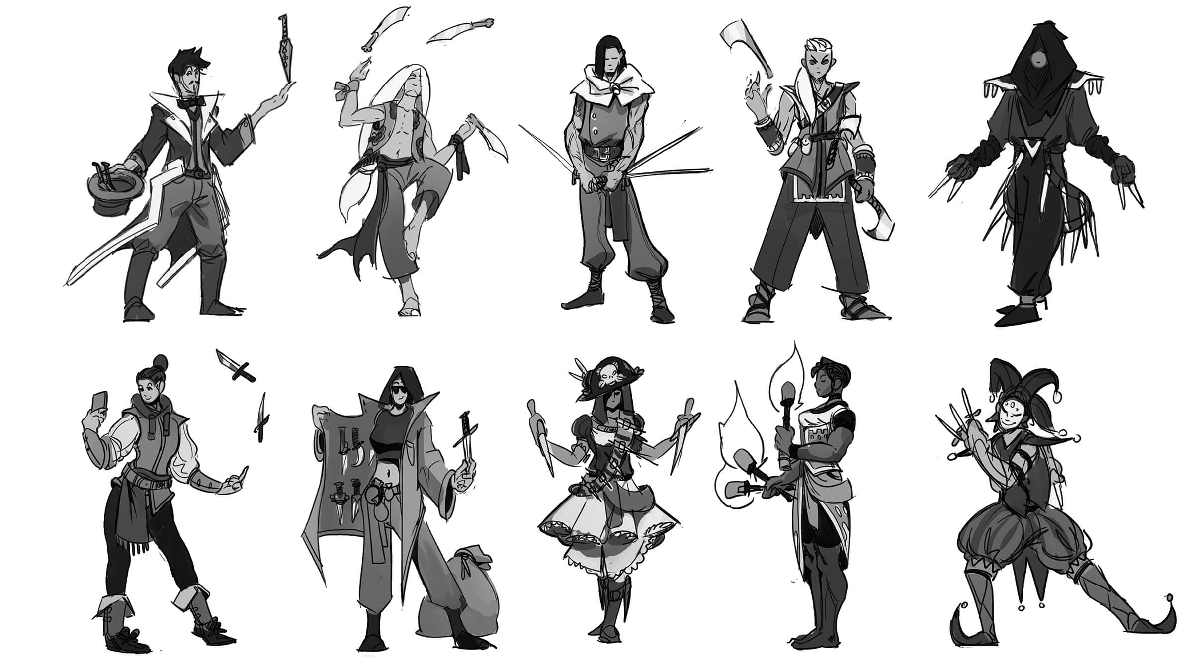 Sketches of various characters using knives and swords