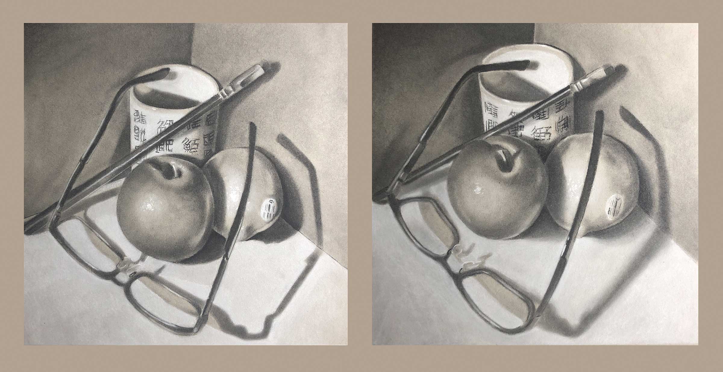 Objects including fruit, a brush, a pair of glasses, and a mug.
