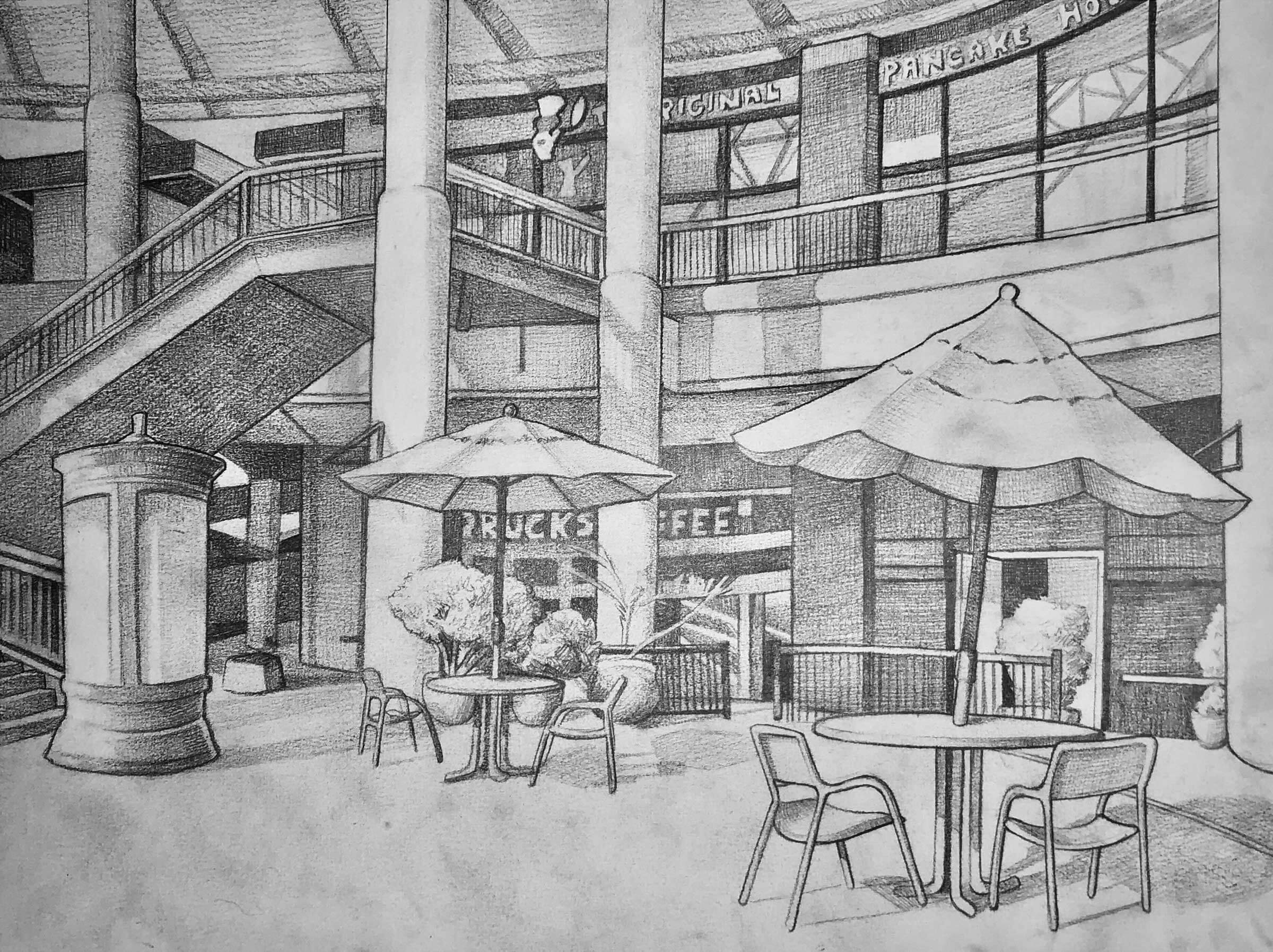 A drawing of an outdoor mall plaza.