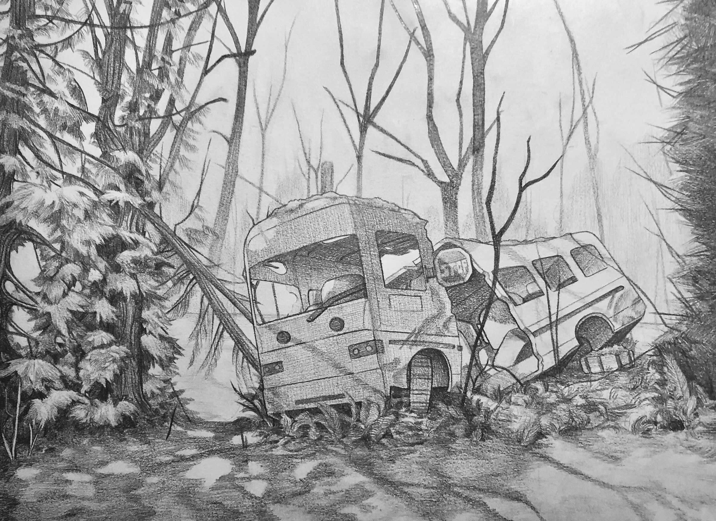 A drawing of a crashed and abandoned school bus in a wooded area.