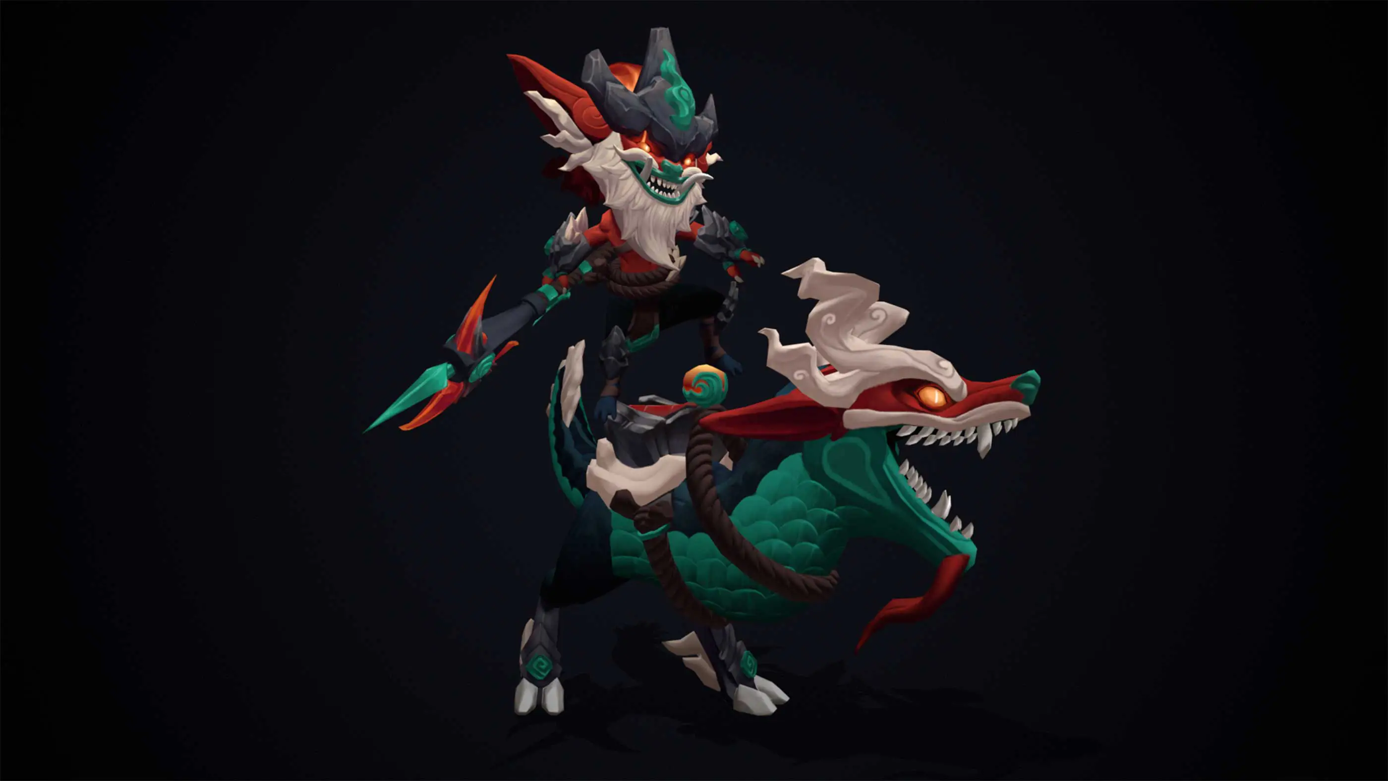 A 3D render of a person in a mask riding a very short dragon.
