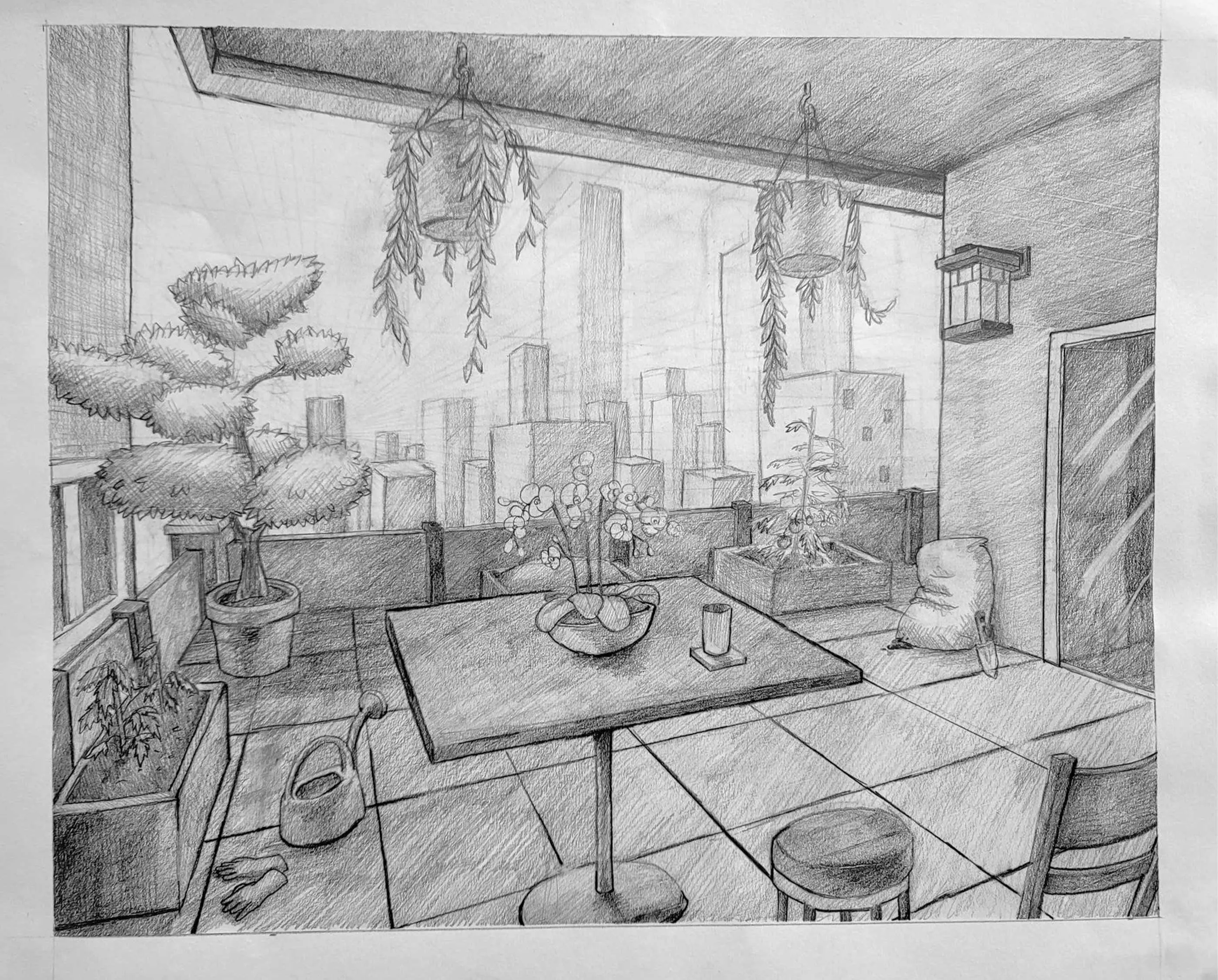 A drawing of an apartment's balcony looking out into the city.