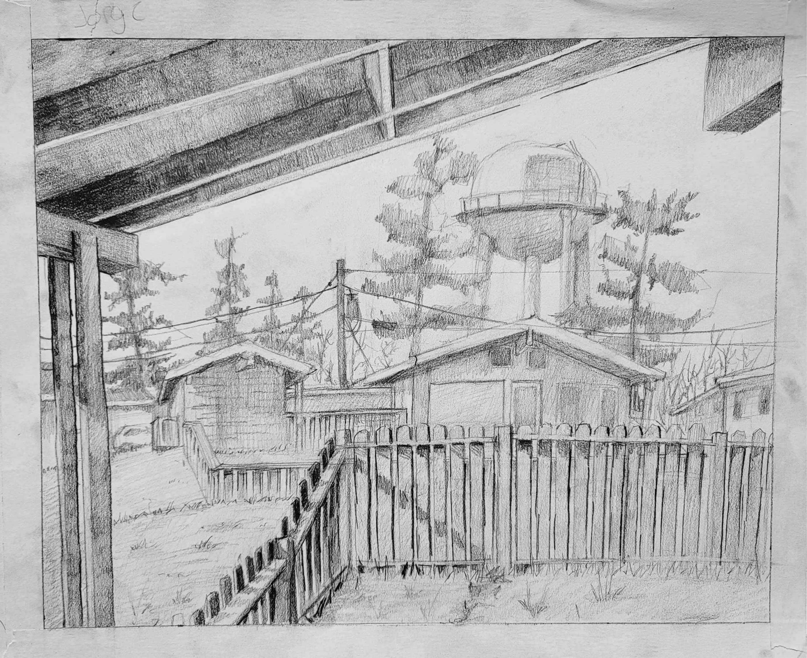 A drawing of the view out of a house's backyard.