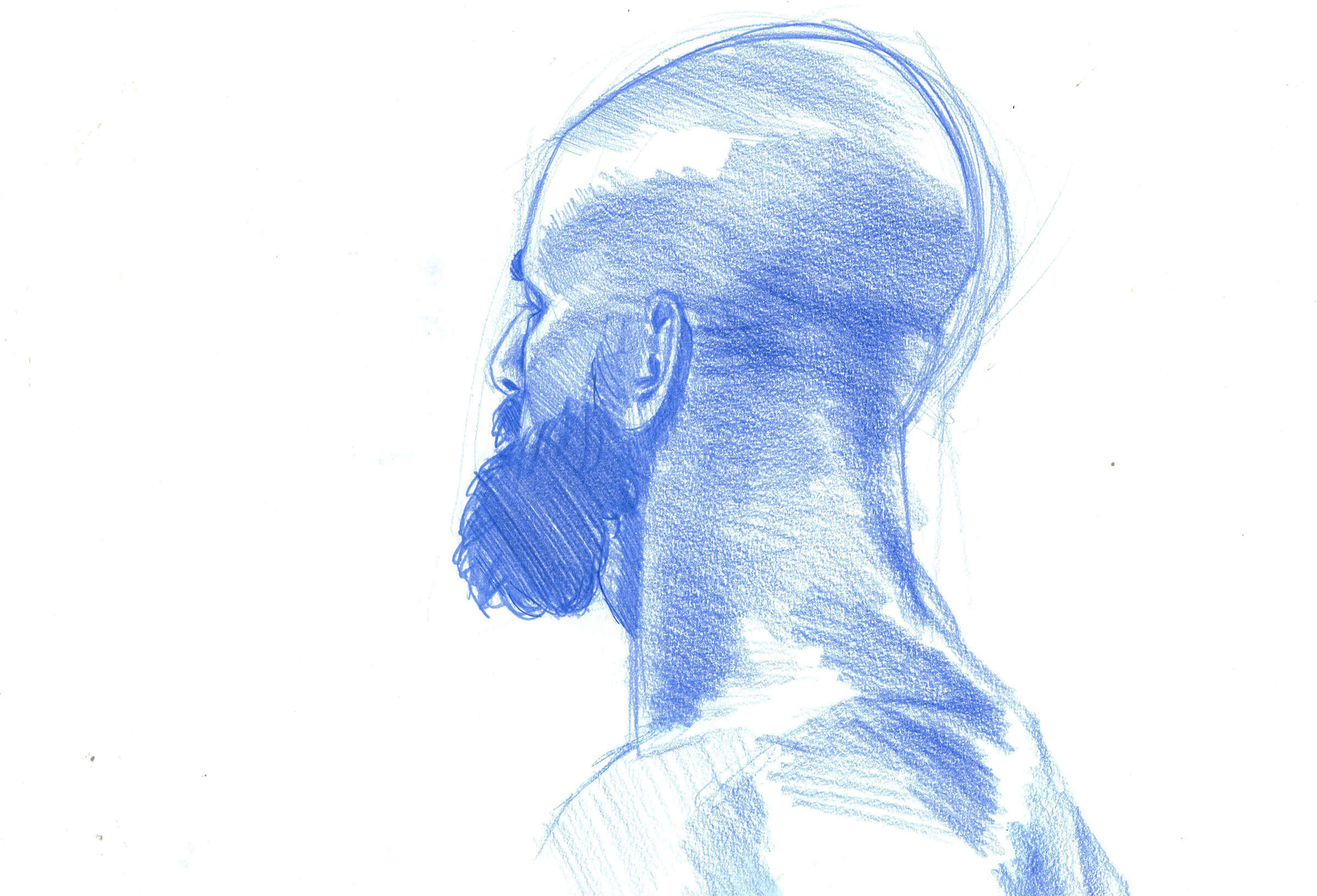 drawing of a bald man with a dark beard