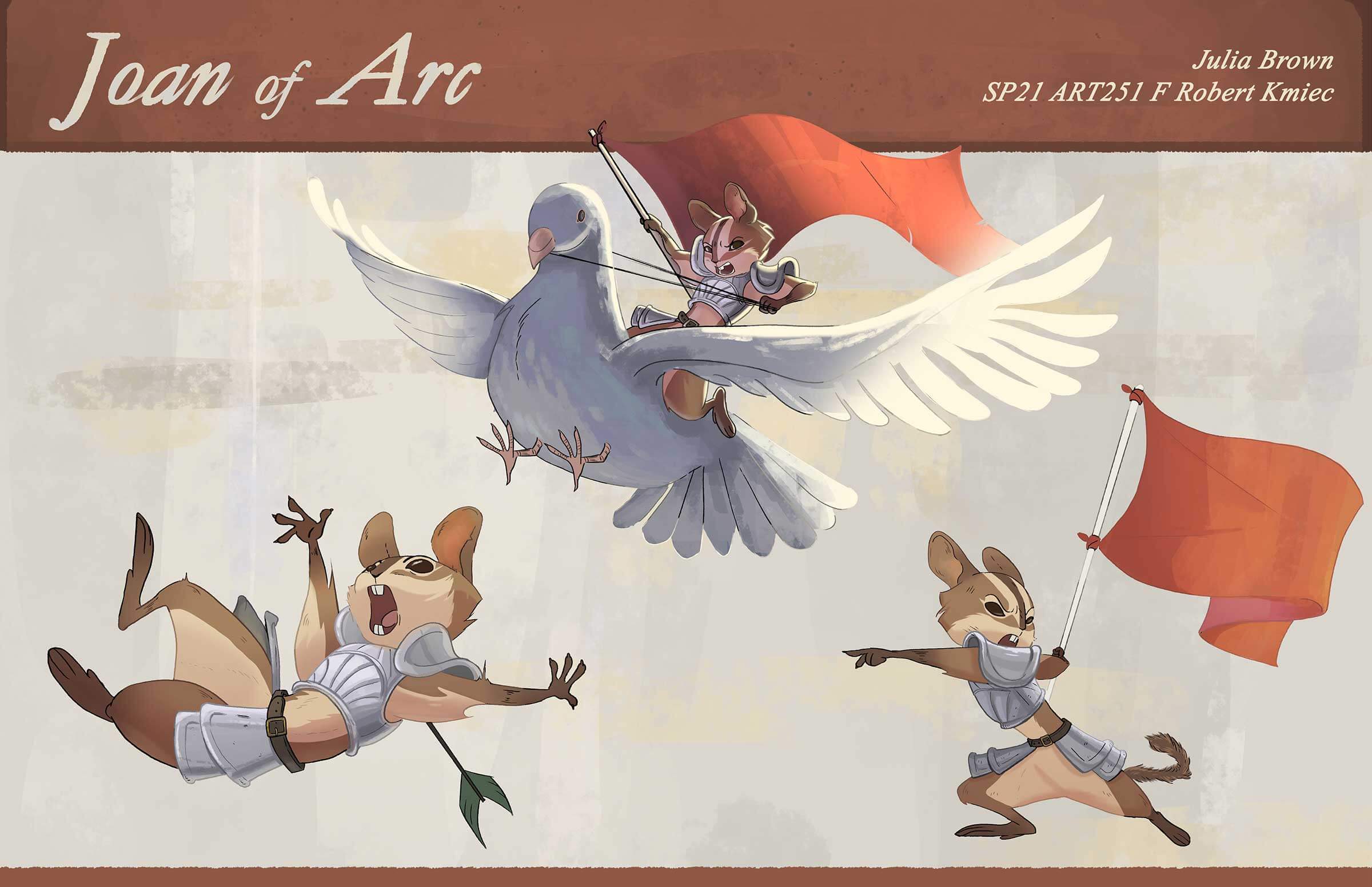 Character art of Joan of Arc as a cartoon squirrel.