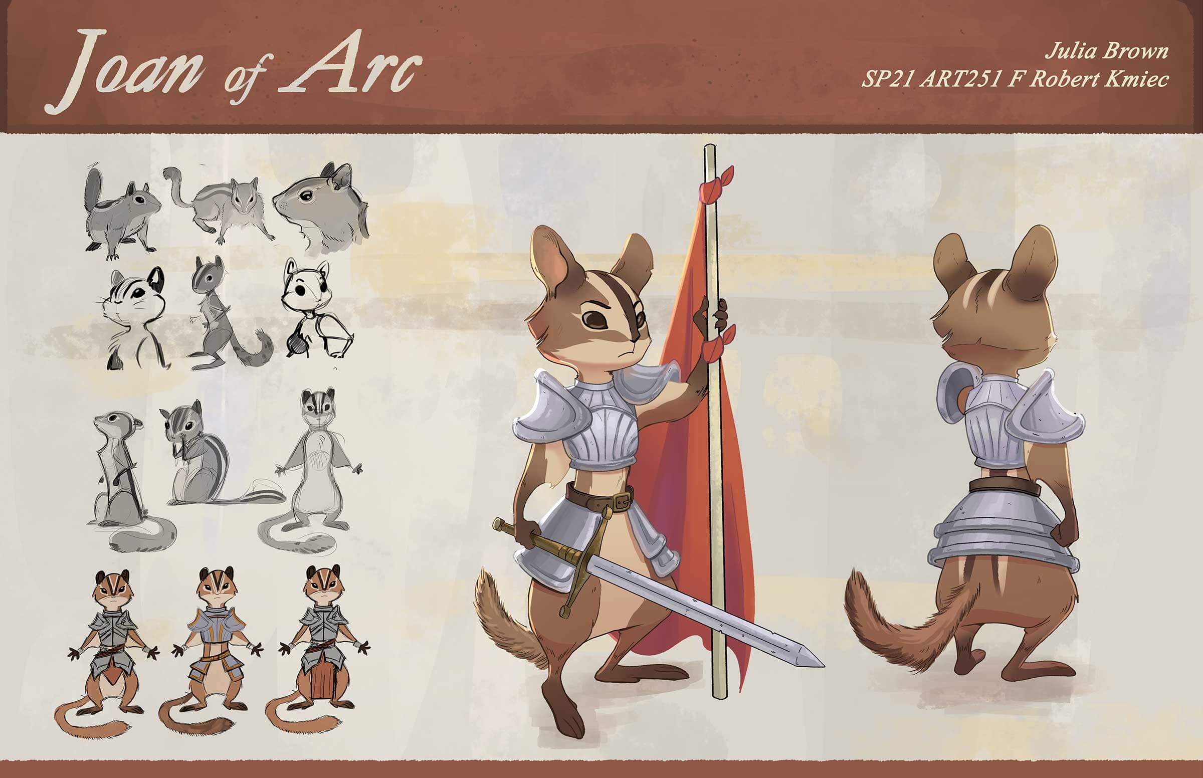 Character art of the front and back of Joan of Arc as a cartoon squirrel.