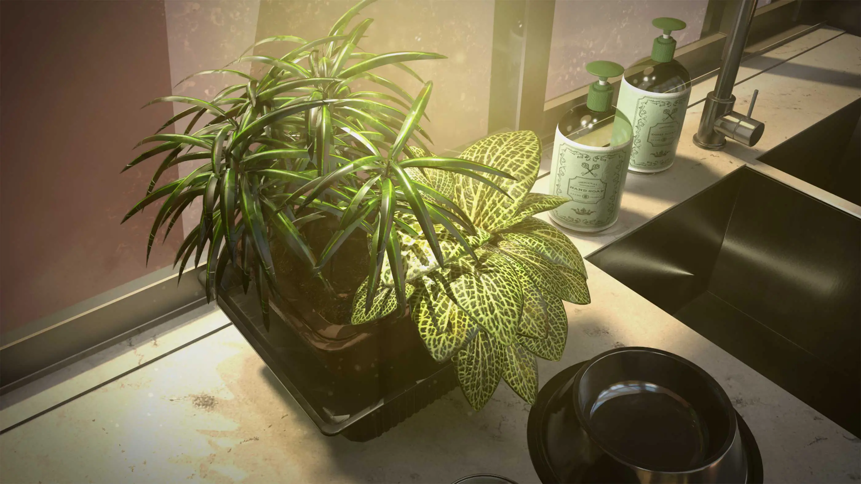 A 3D render of a plant sitting next to a kitchen sink.