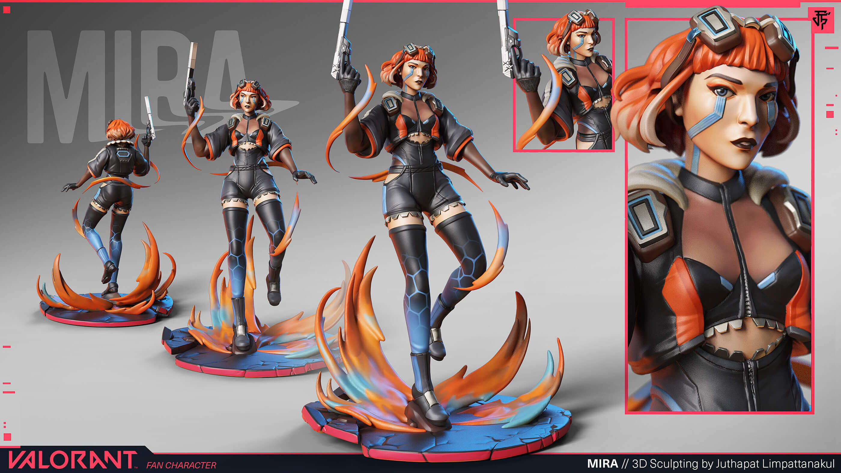 3D model of a futuristic woman with fire powers and a gun.