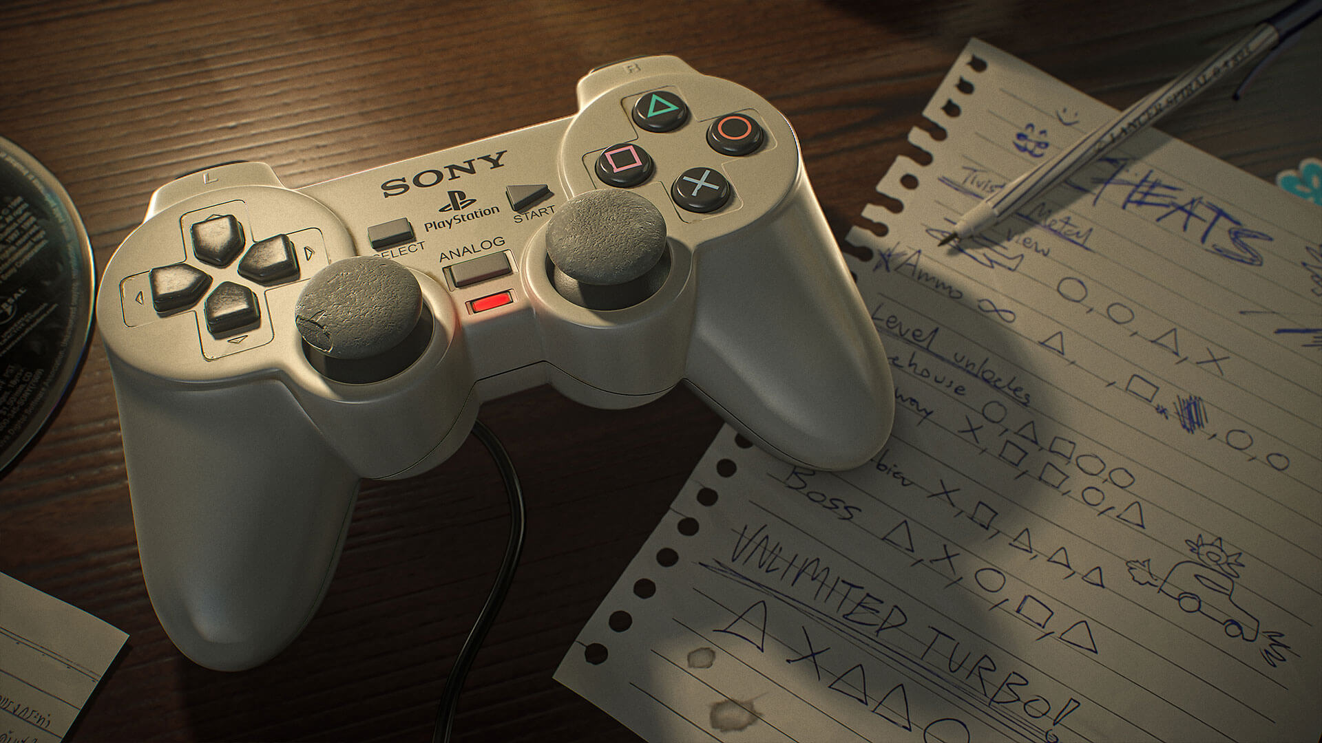 A PlayStation controller next to a paper with written cheat codes.