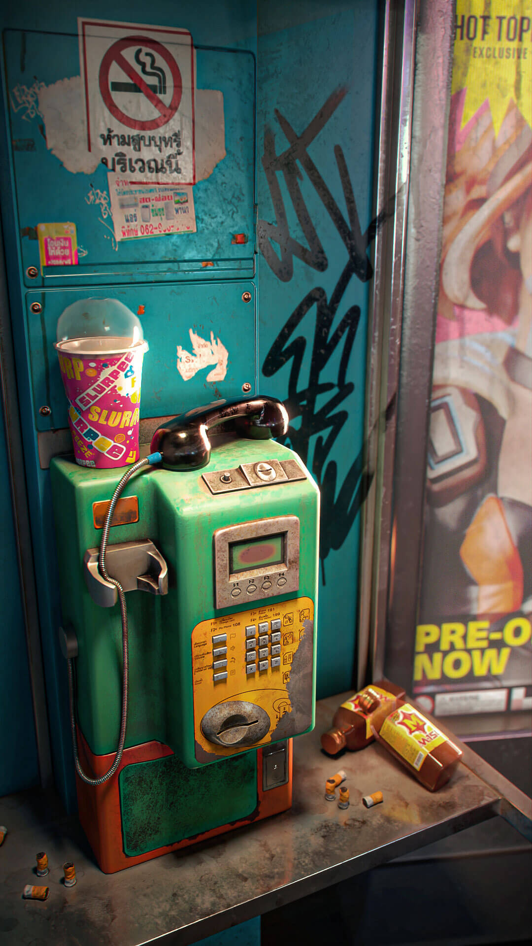 A dirty payphone surrounded by trash and advertisements.