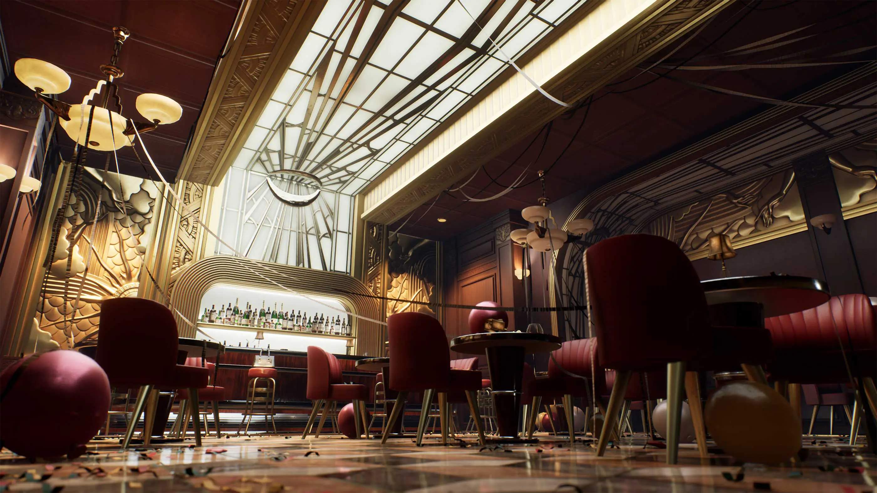 A 3D render of an art deco ball room.