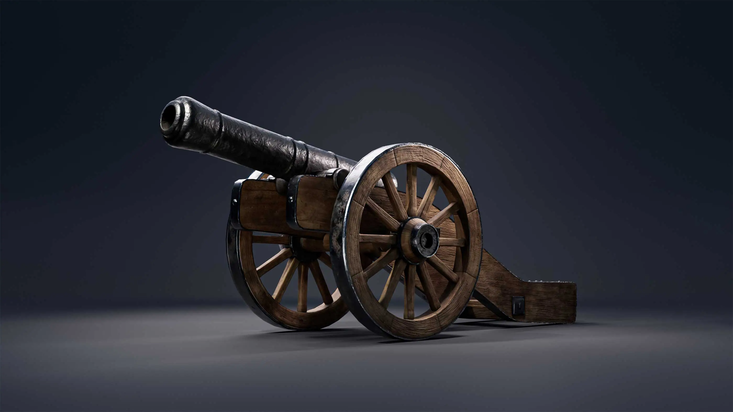 A 3D render of a medieval cannon mounted on a wooden base.