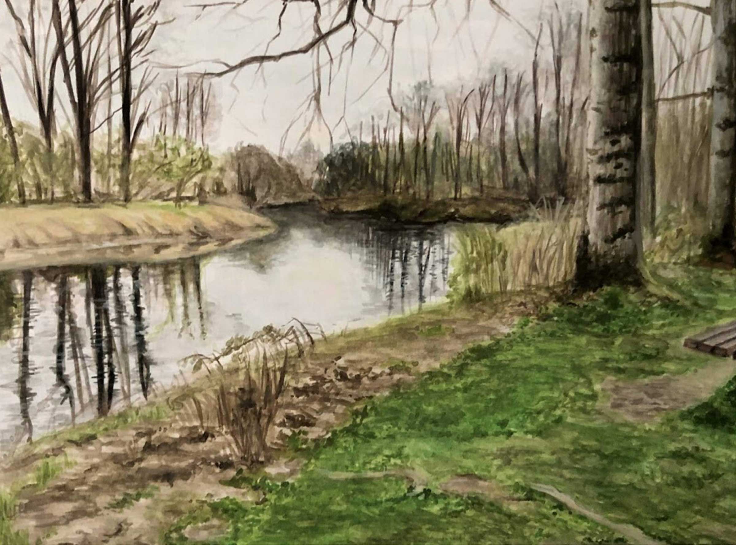 A painting of a river in a forested area.