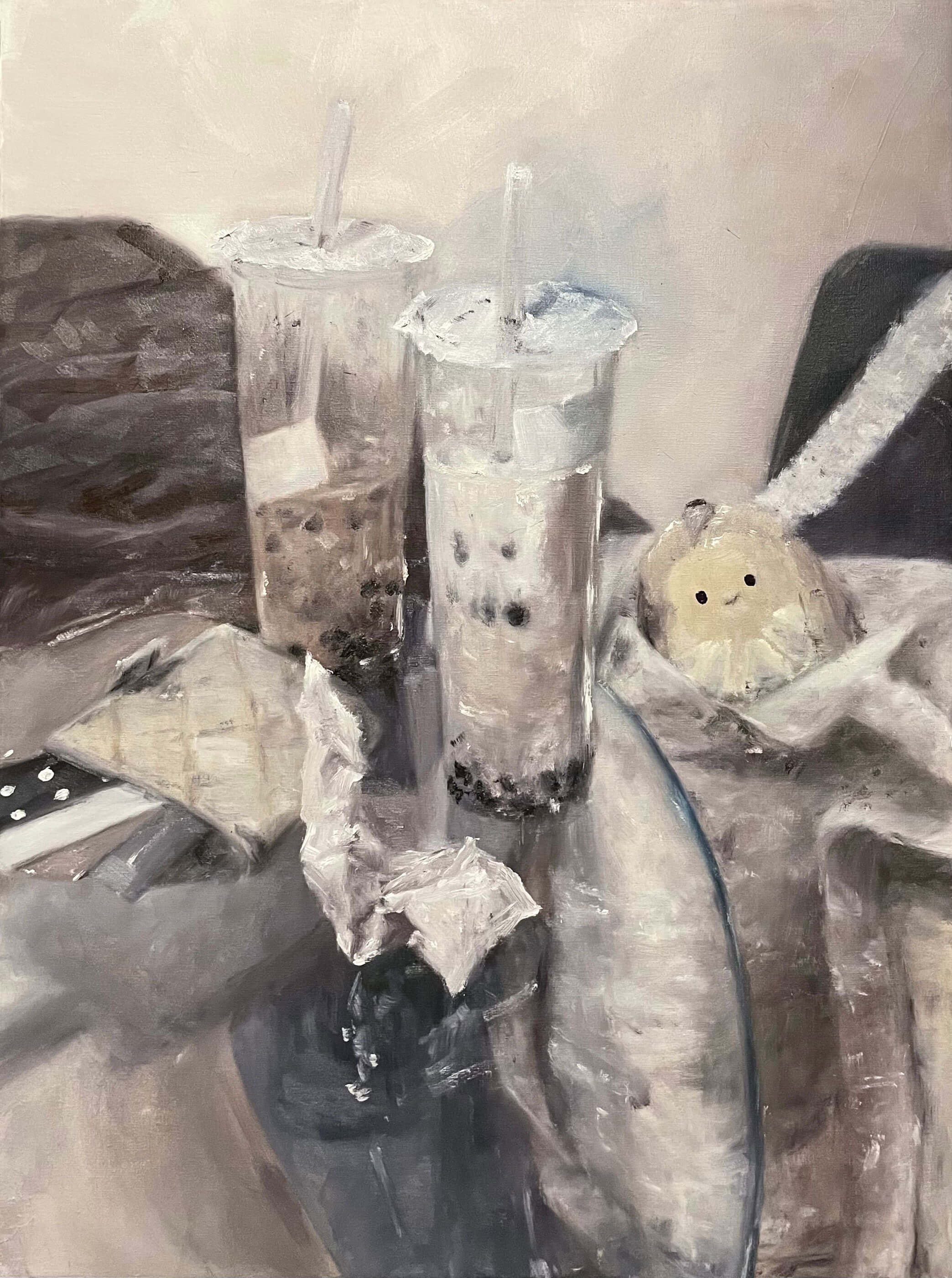 Painting of two glasses of boba tea on a glass table.