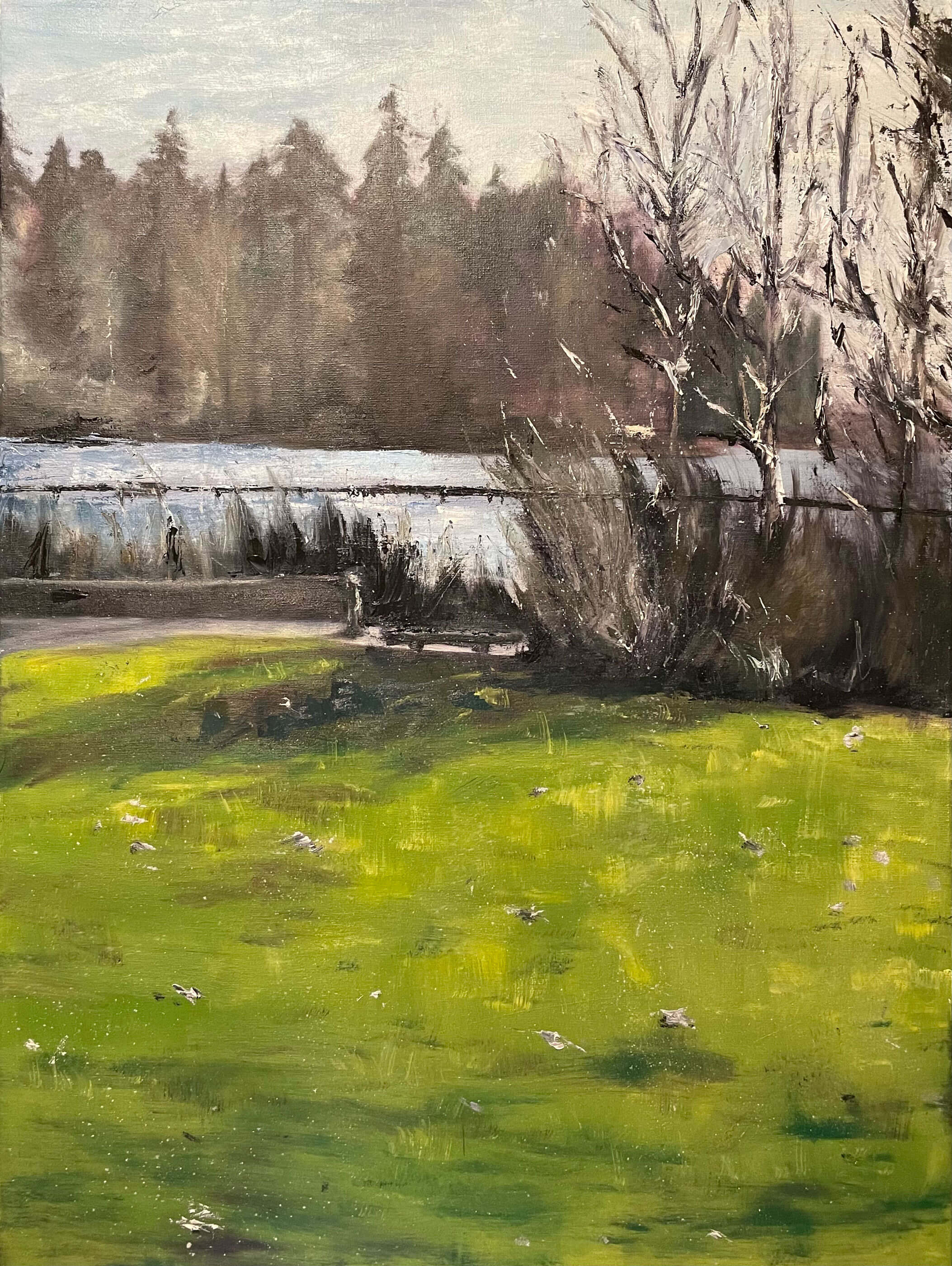 Painting of a grassy park area next to a body of water.