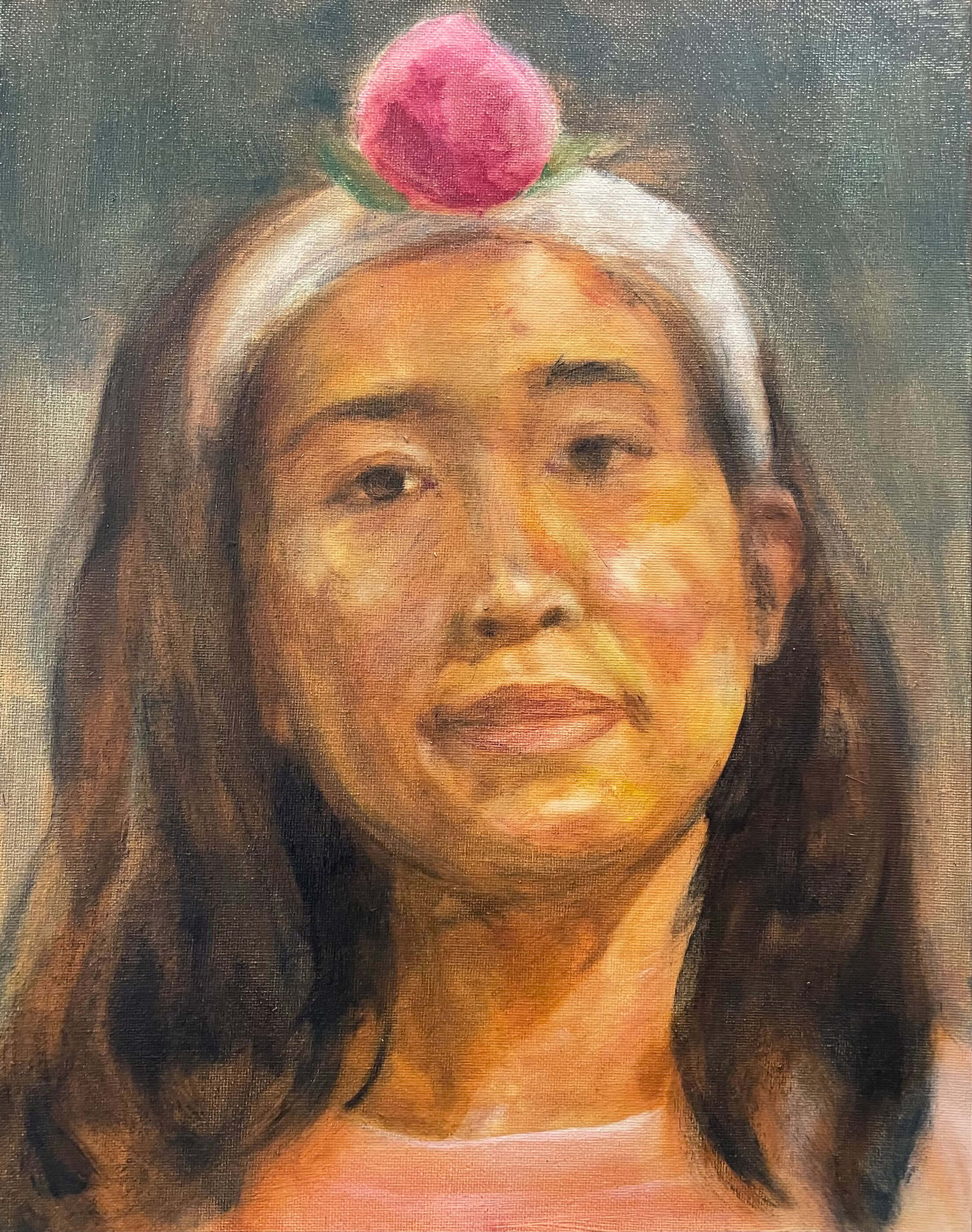Painting of a woman with a pink flower on her head.
