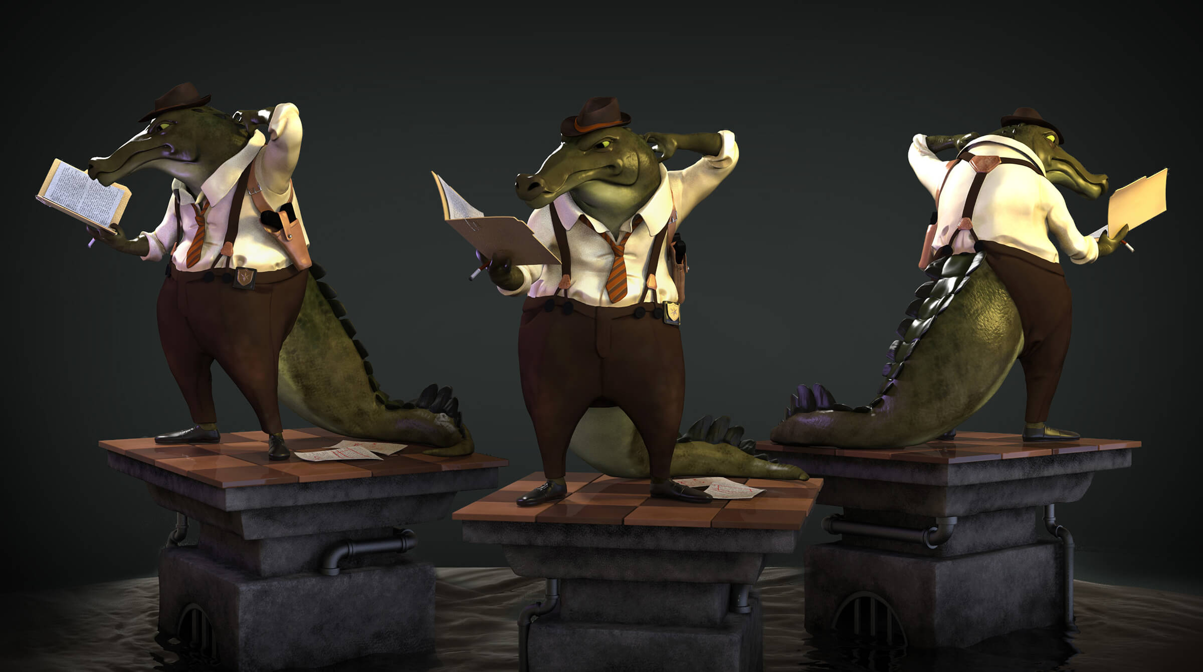 Three angles of an alligator dressed in pants, shirt, and tie