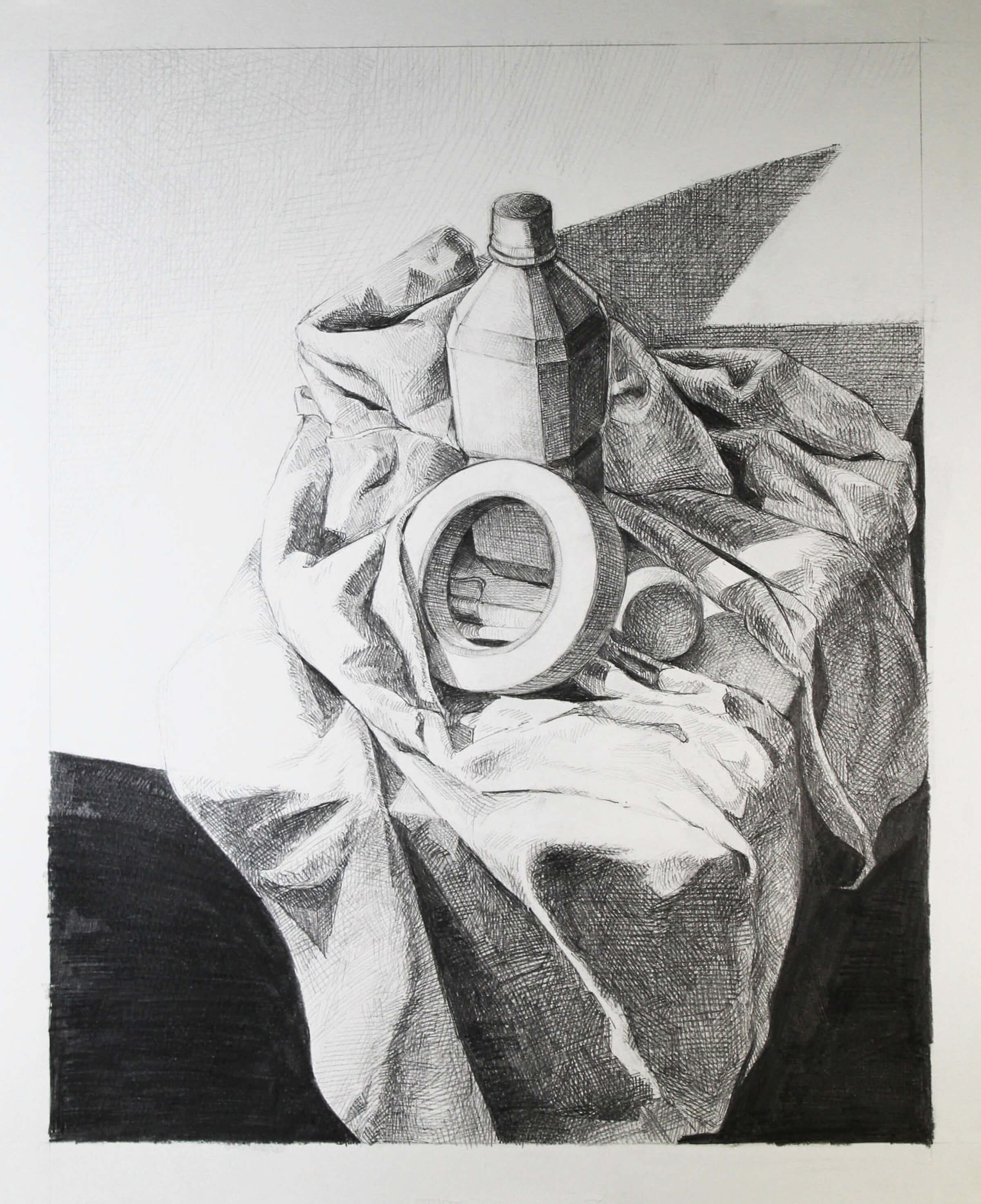 black and white still-life drawing of a bottle and a roll of tape on a draped sheet