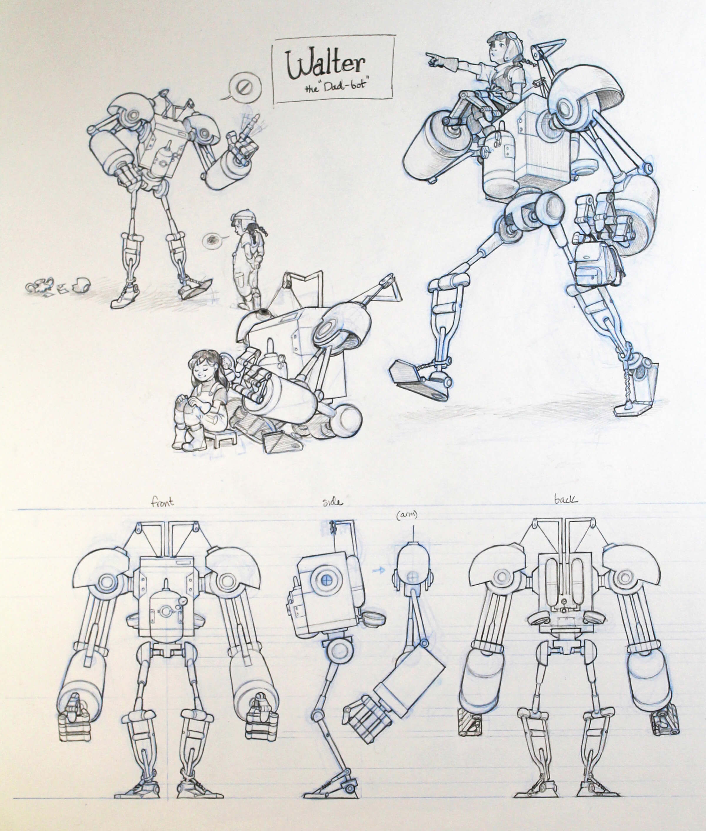 black and white drawings of a robot character named walter, one of which shows him carrying a girl on his shoulder