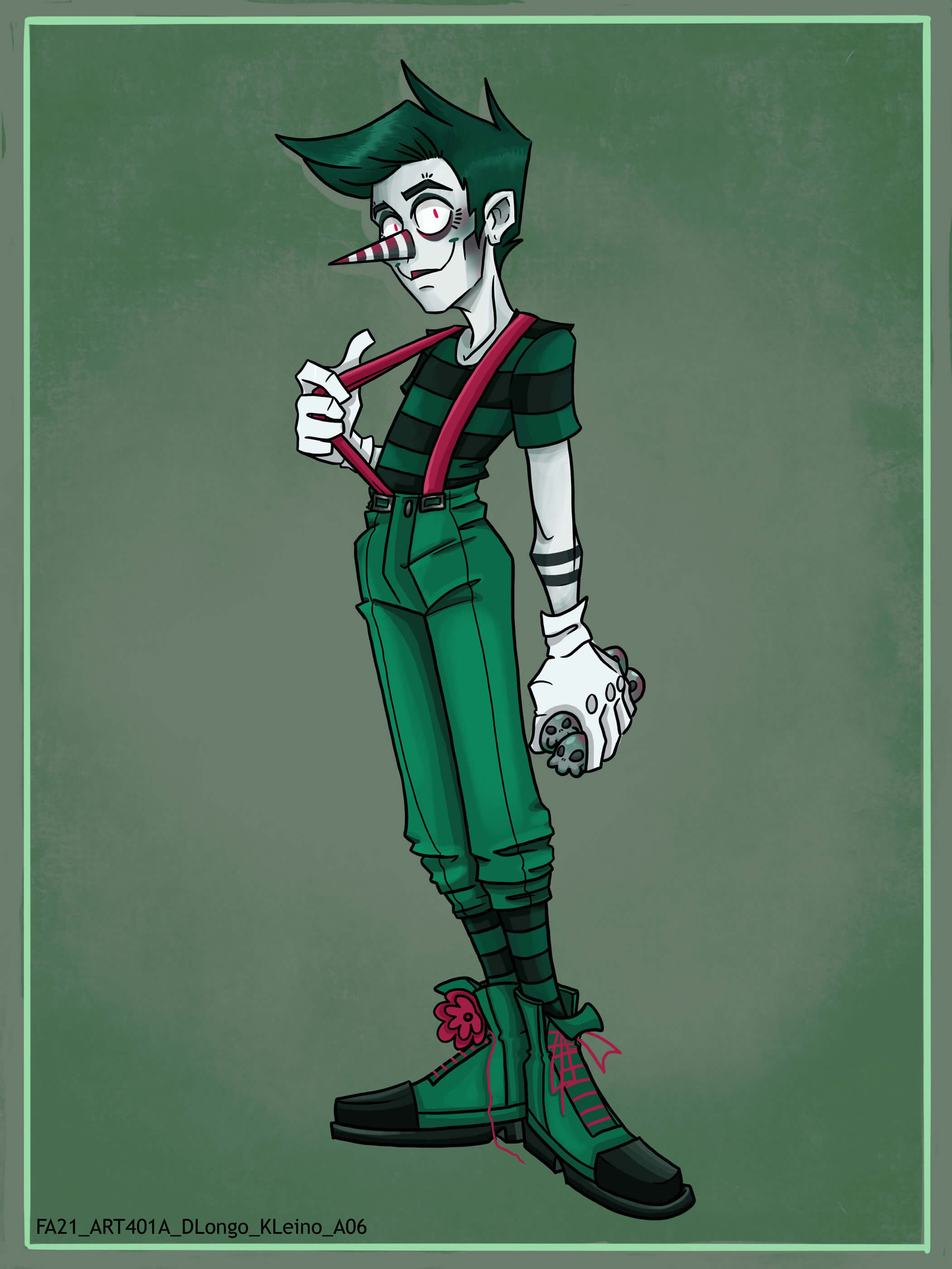 A young clown man dressed in green and red overalls.