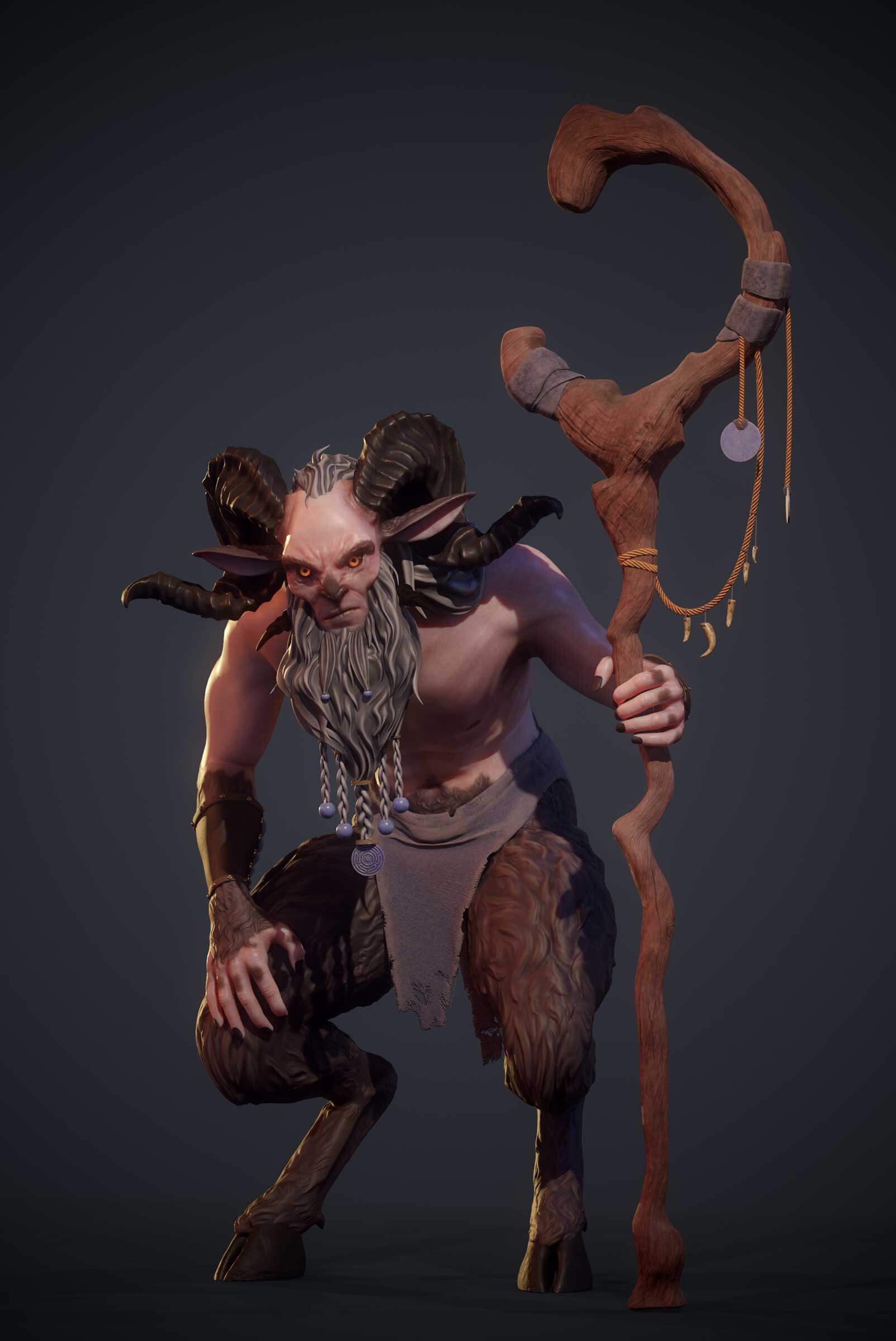 The half-man, half-goat faun holding a wooden staff.