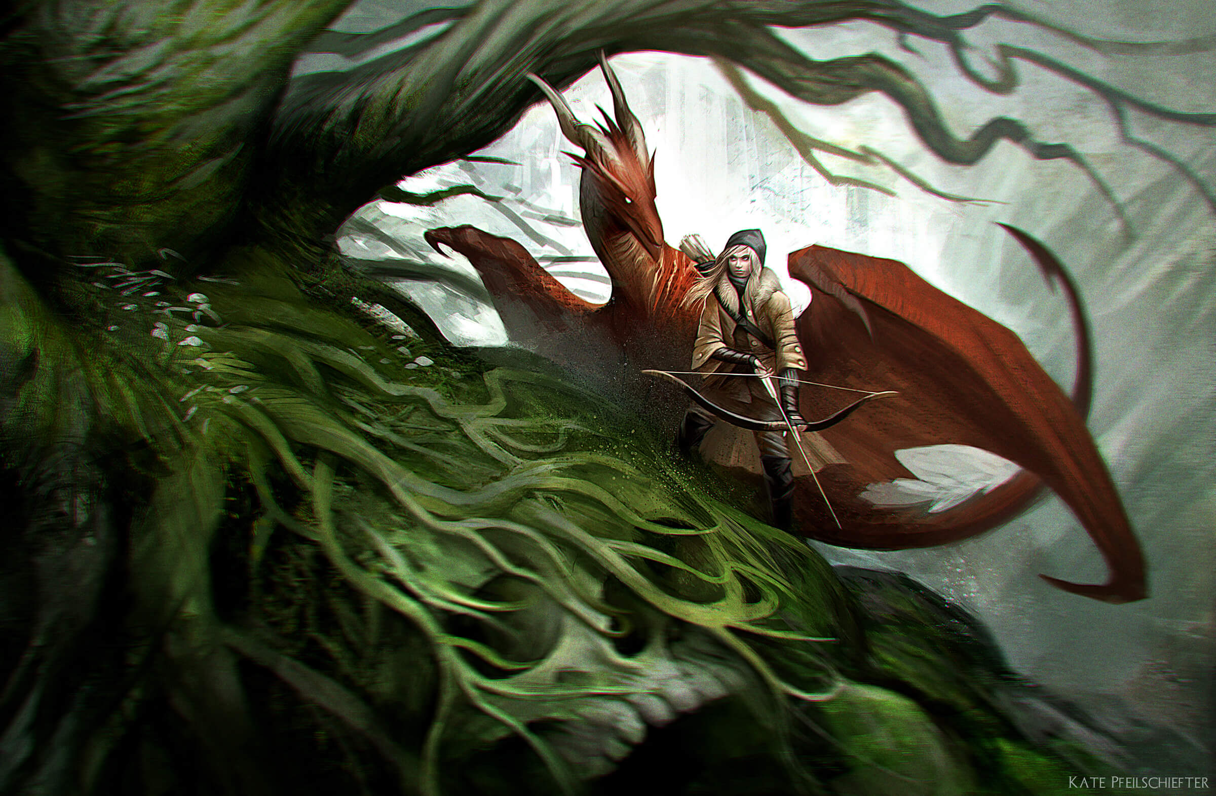 digital painting of a red dragon and blonde female carrying a cross bow in the forest