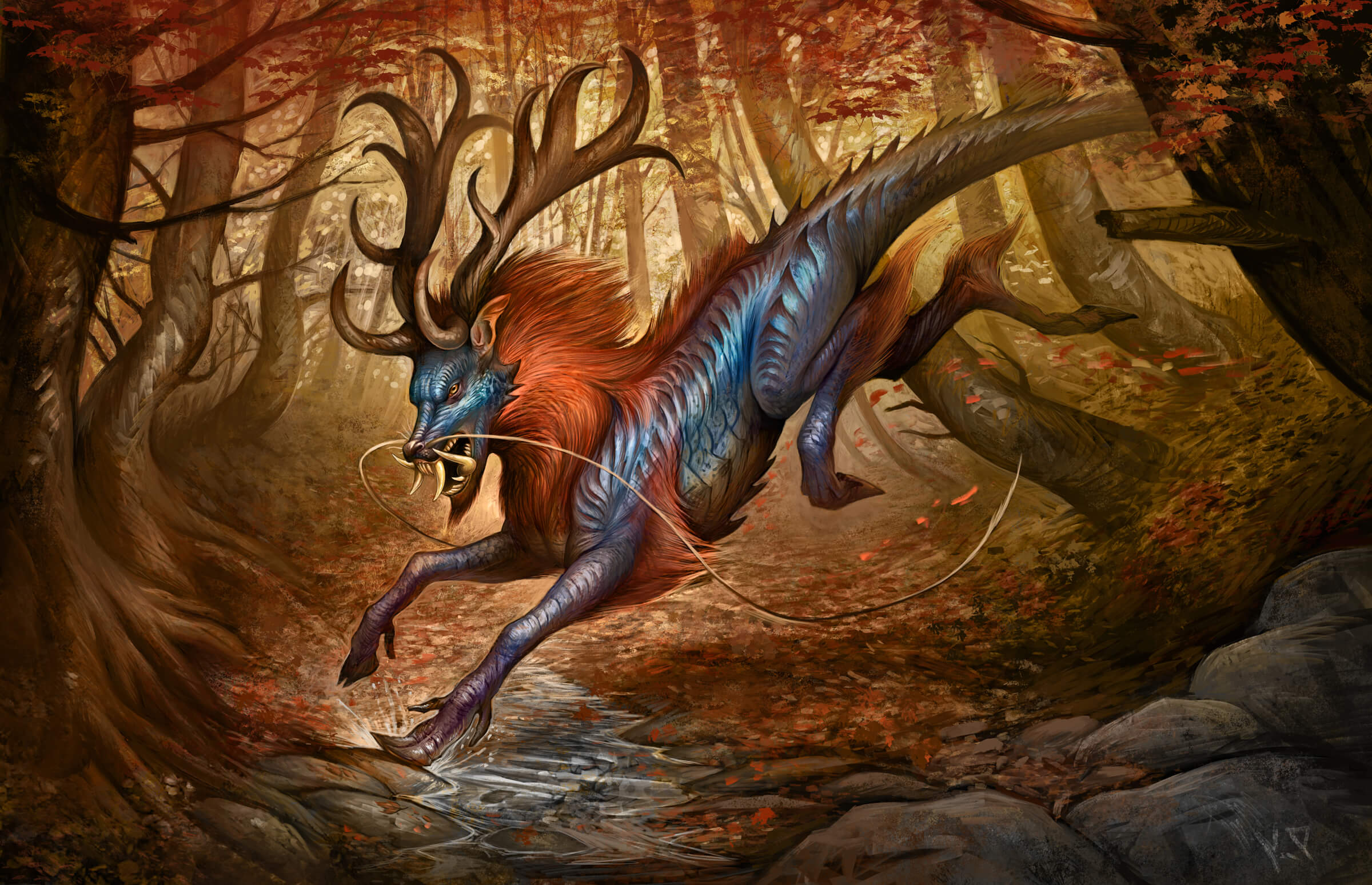 digital painting of a creature with lizard-like skin, a lion's mane, and giant antlers, running through an autumnal forest