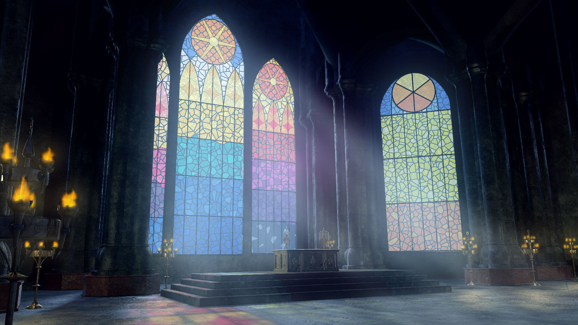 Interior of a massive church with light shining through stained glass.