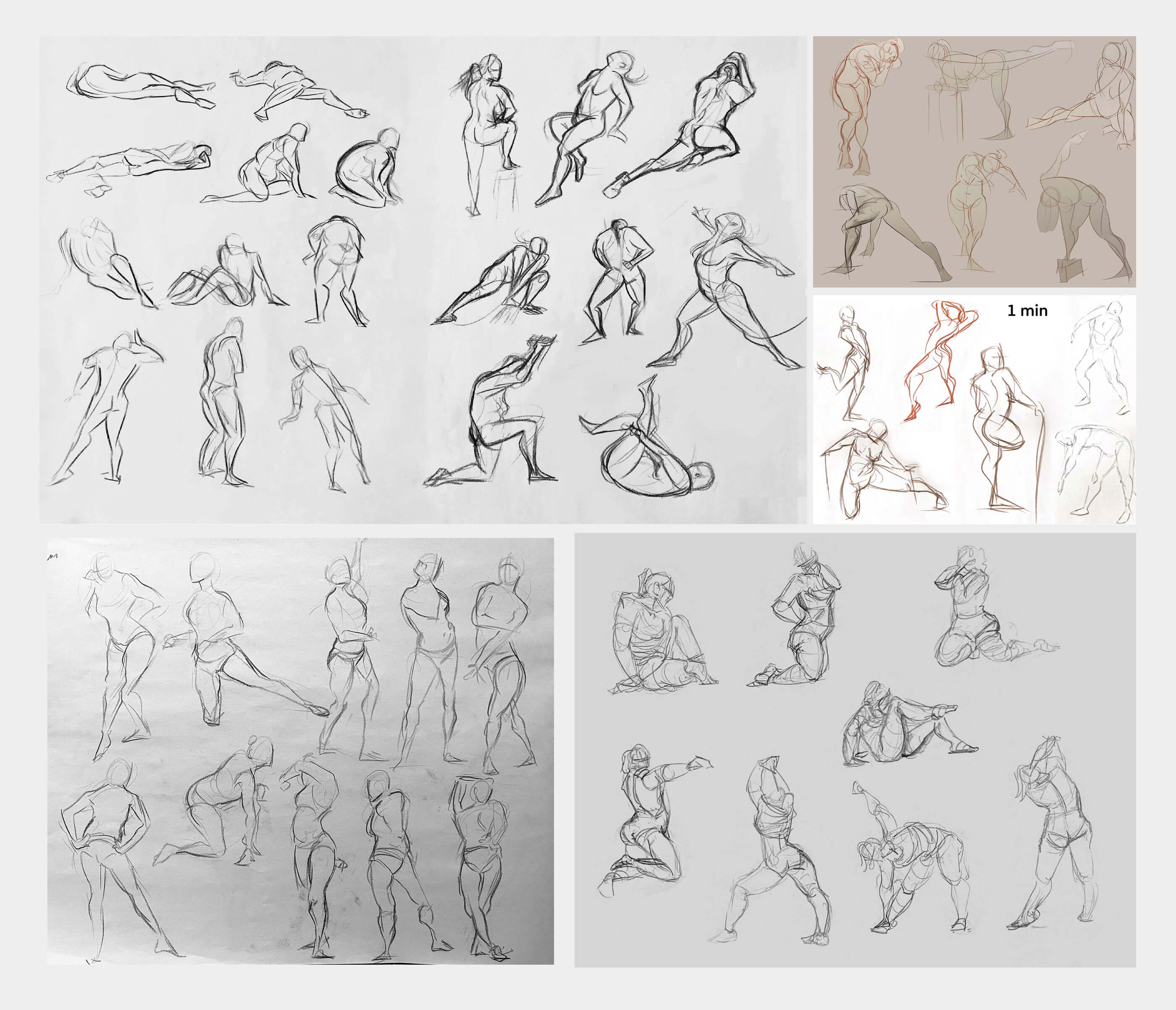 Sketch of a woman in various poses and actions.