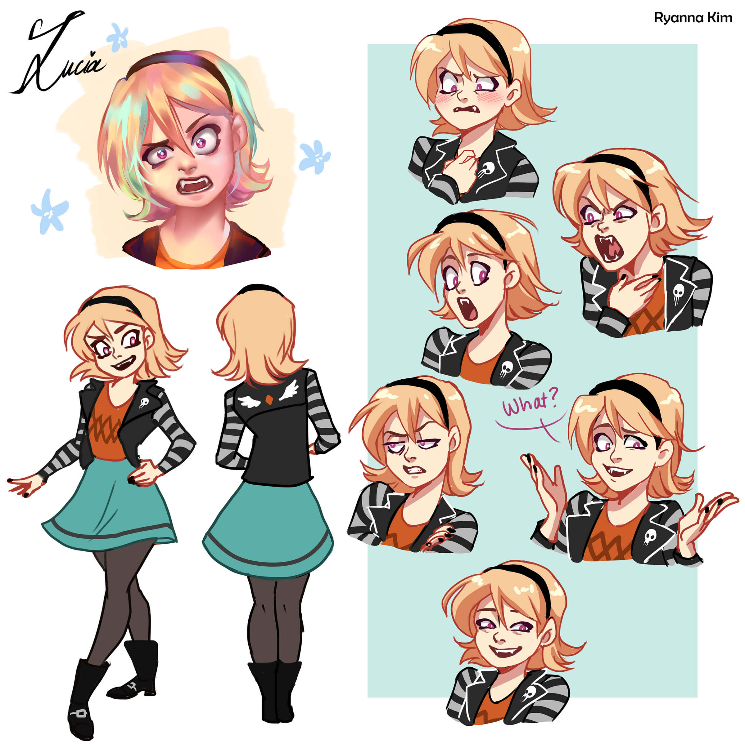 Various expressions of a teenage vampire character named Lucia