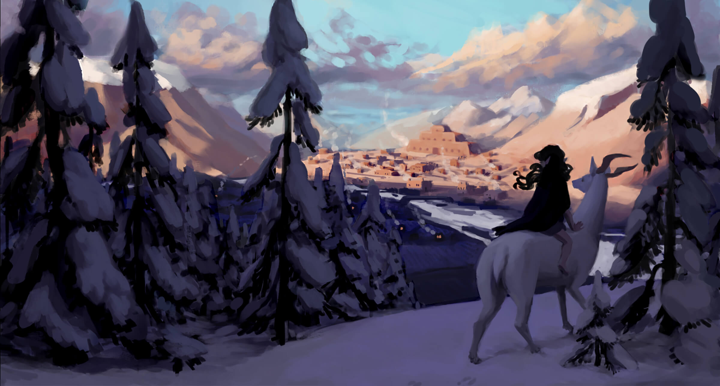A woman rides a deer on a mountain overlooking a town
