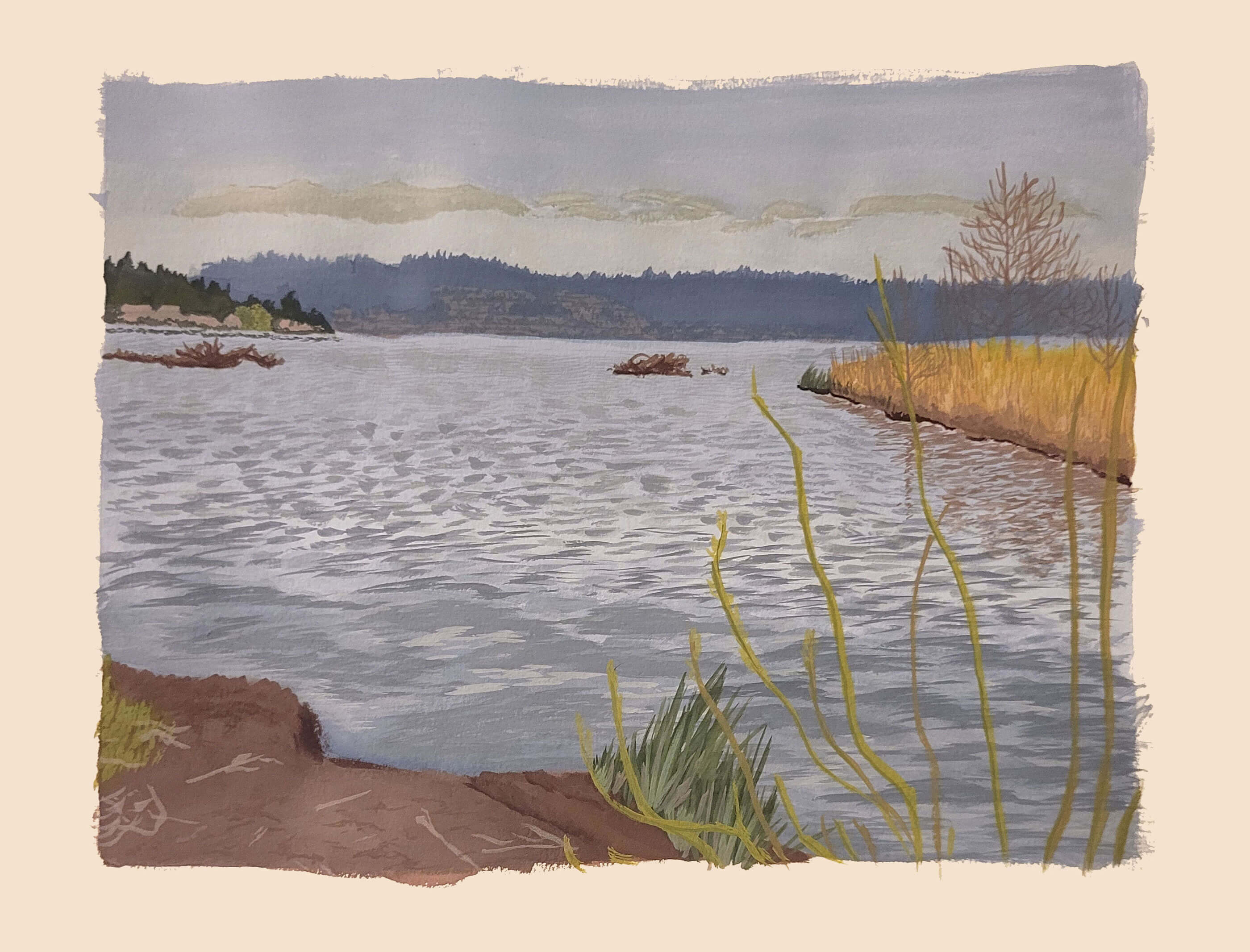 Painting of a lake surrounded by rocks and pine trees.