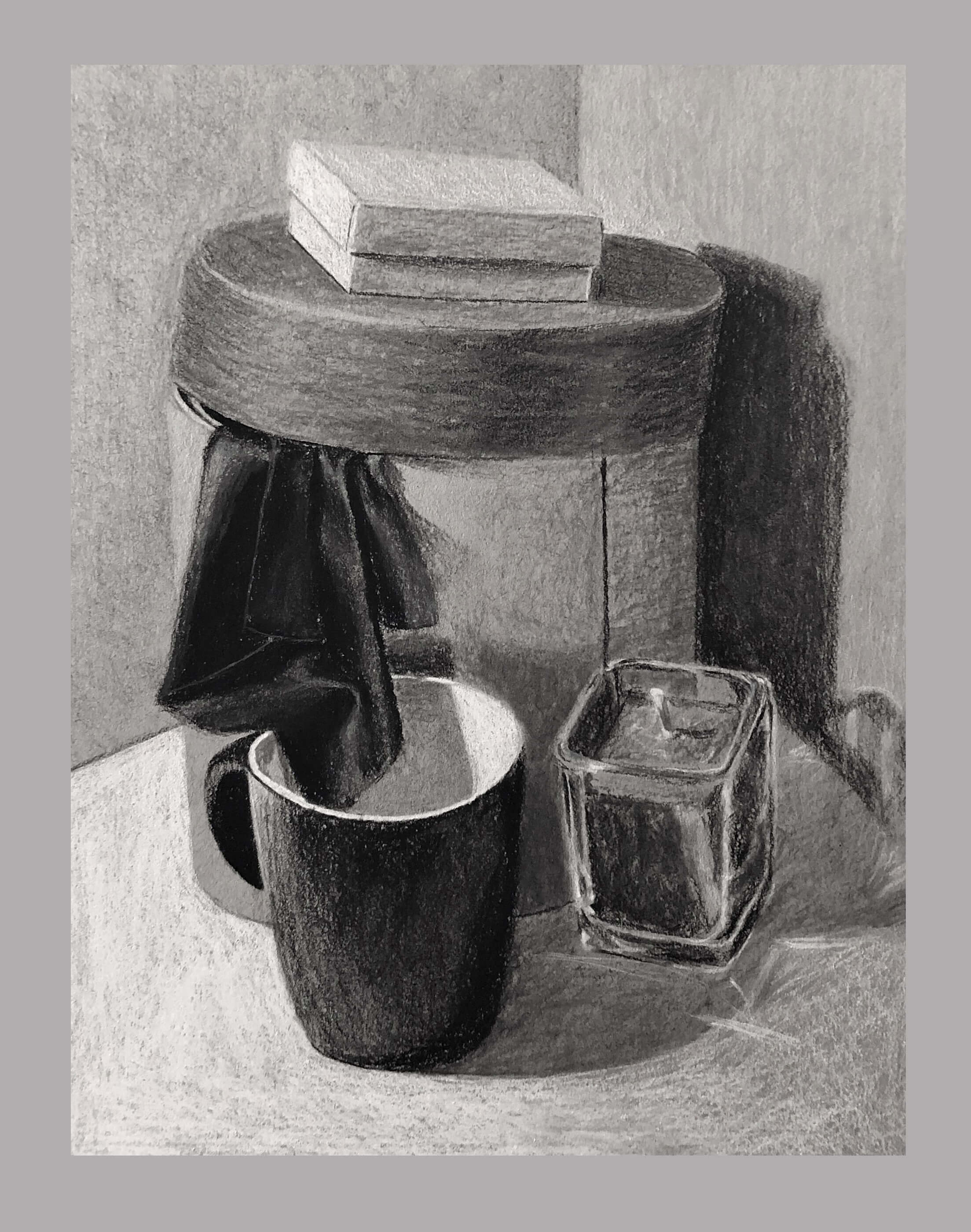 Sketch of a mug, drinking glass, bucket, and cloth.